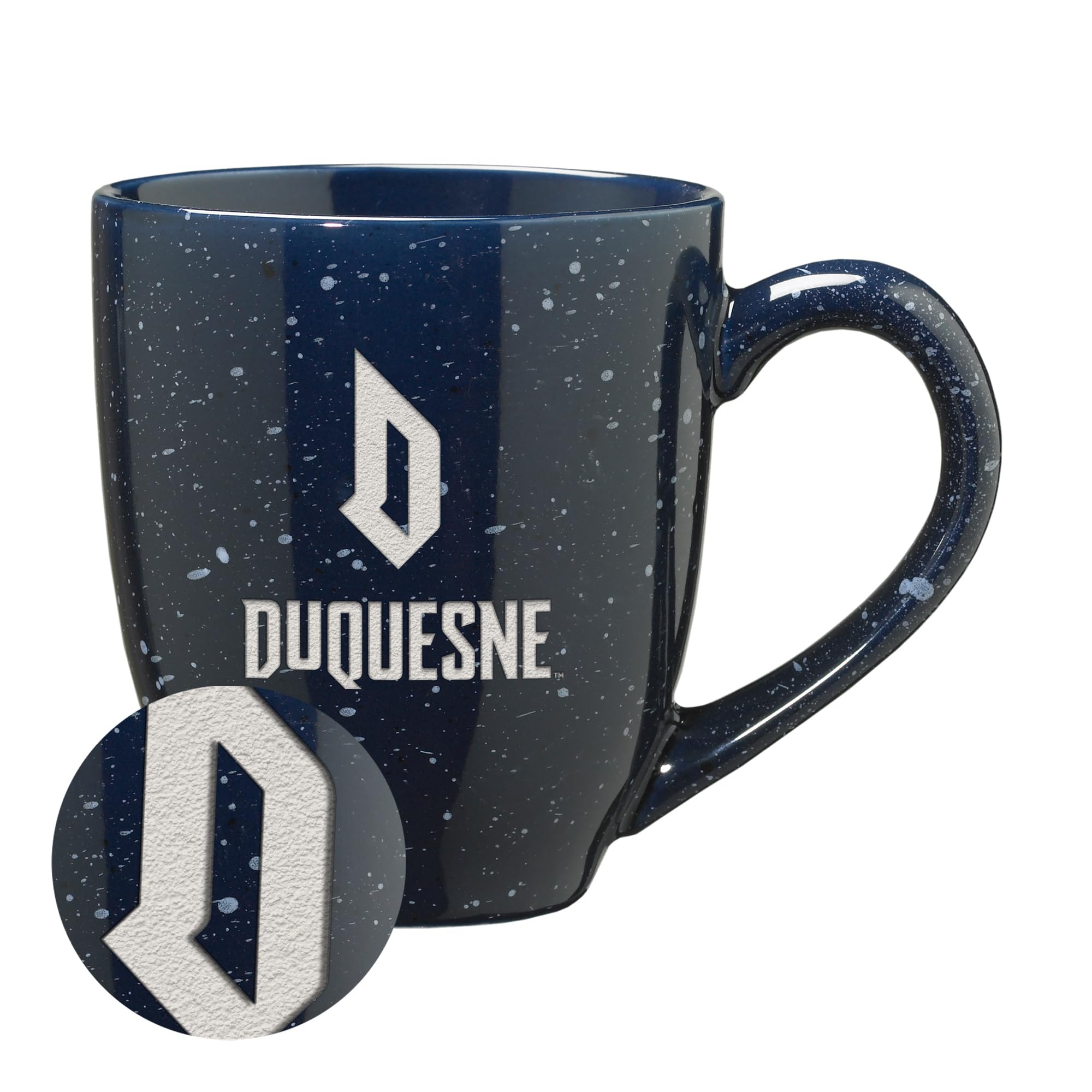 Rico Industries NCAA Duquesne Dukes Primary Logo Navy 16 oz Team Color Laser Engraved Speckled Ceramic Coffee Mug
