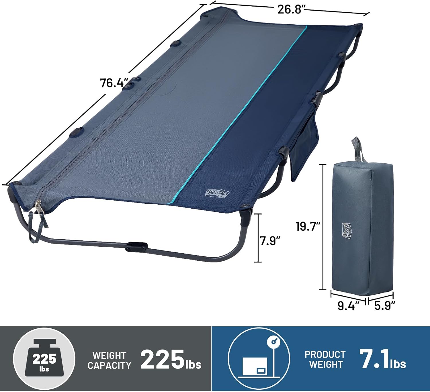 TIMBER RIDGE 20-Second Quick Set-Up Camping Cot, Lightweight Aluminum Folding Cot with Zipper Closure, Portable Carry Bag Included for Camping, Travel and Outdoors, Support up to 225lbs, Blue - Image 9