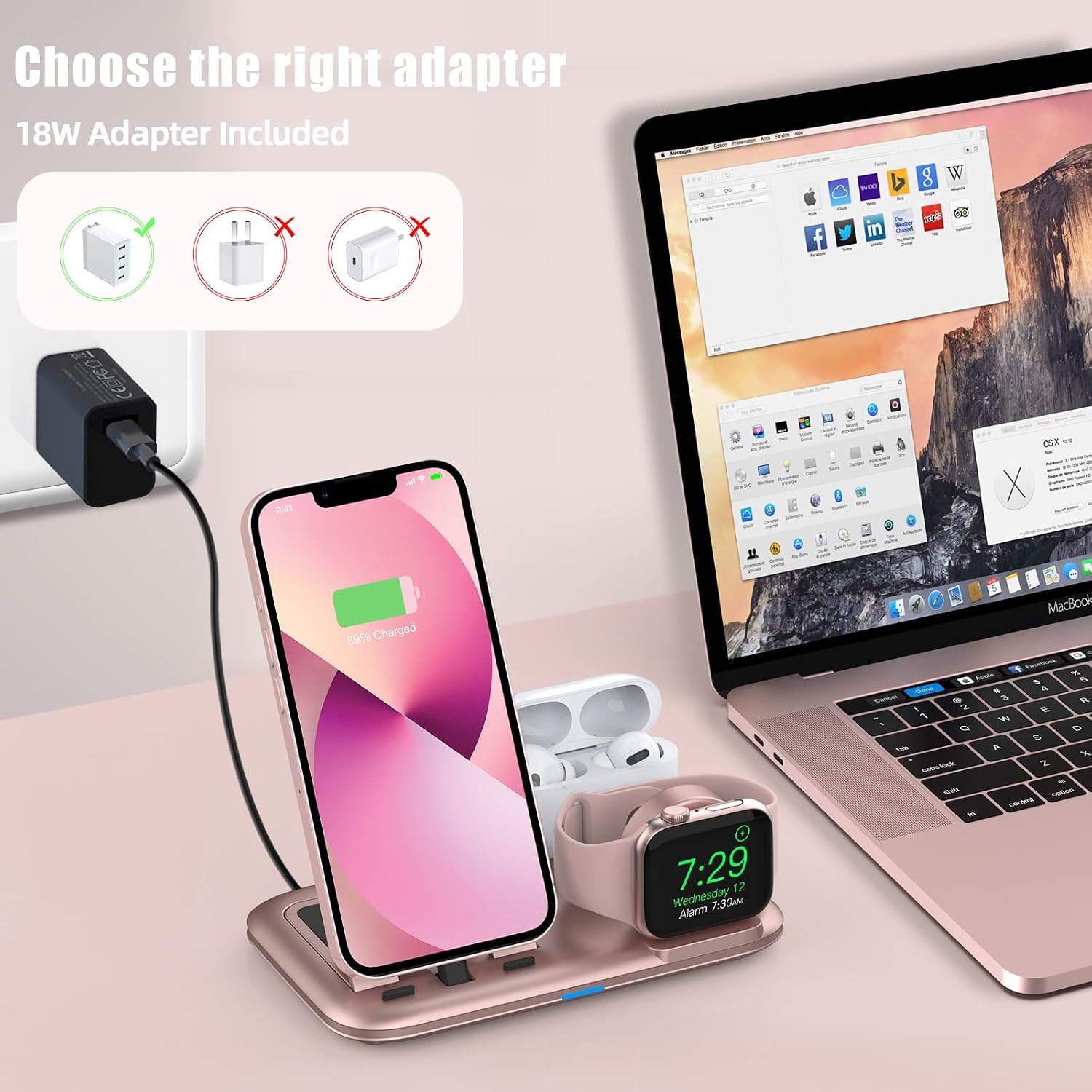OLEBR 3 in 1 Charging Station for Multiple Devices Apple Bedside Charging Stand for iPhone and Apple Watch 7/6/SE/5/4/3/2/1 Charging Dock for AirPods Pro/3/2/1 (with 12W Fast Charger) Rose Gold