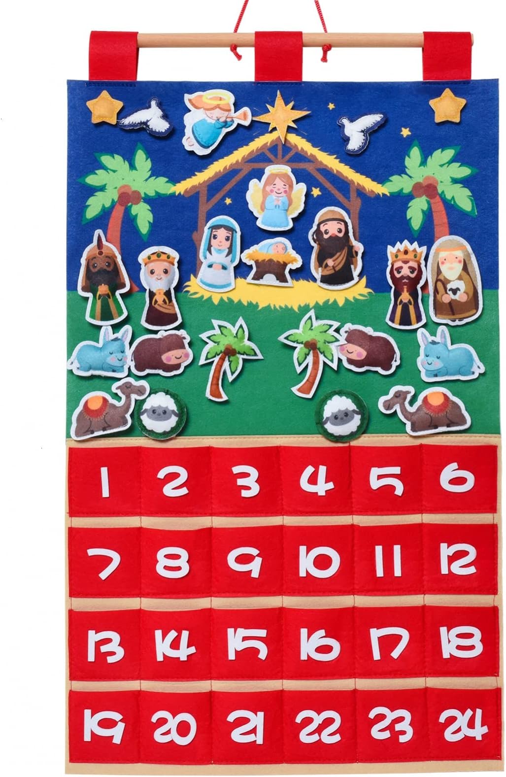 Timoo Nativity Advent Calendar 2024 Fabric Christmas Countdown Calendar for Kids Wall Christmas Advent Calendar with Pockets and 24 Unique Stuffed Figures