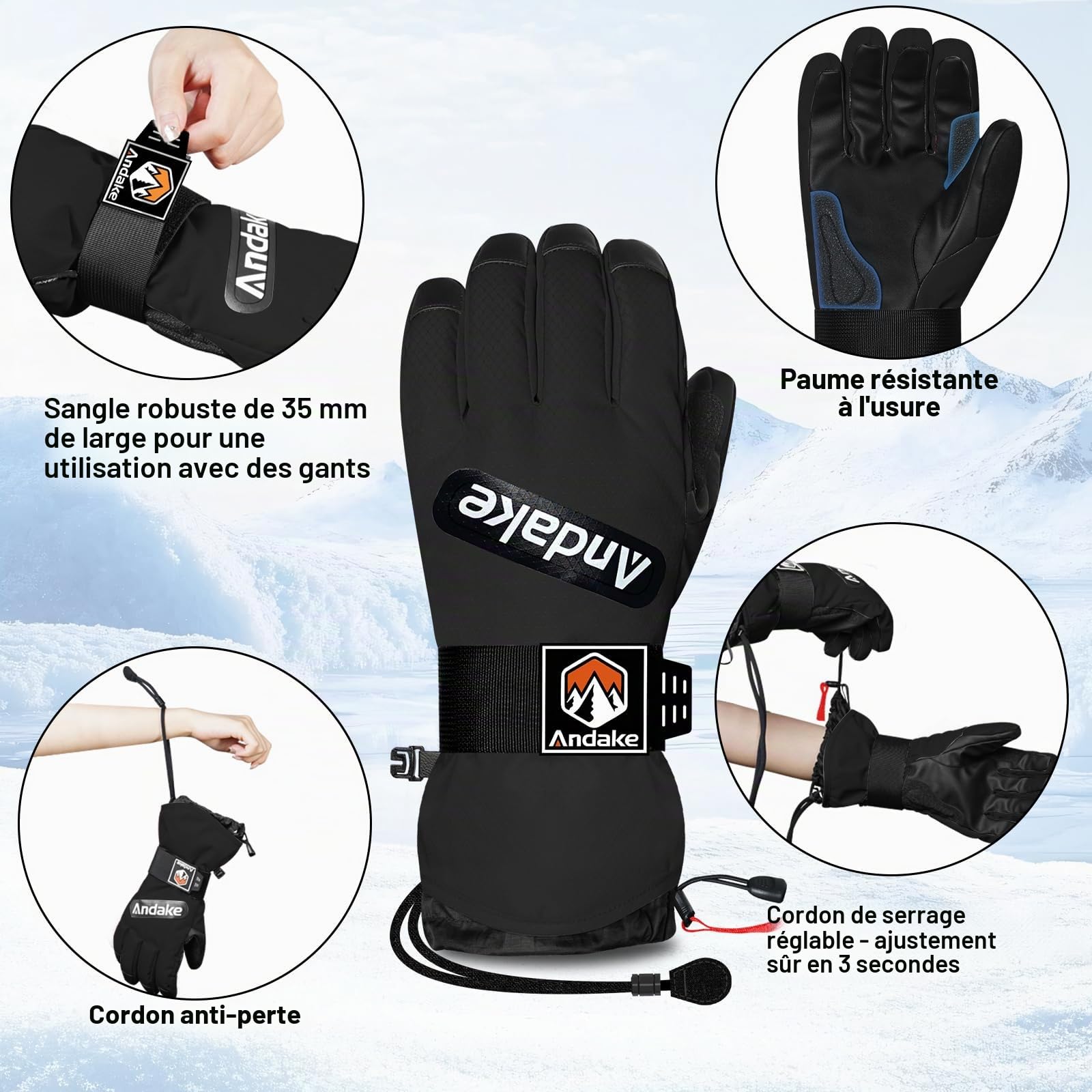 Andake - Gants de Ski Imperméables et Chauds pour Hommes, Femmes et Adolescents