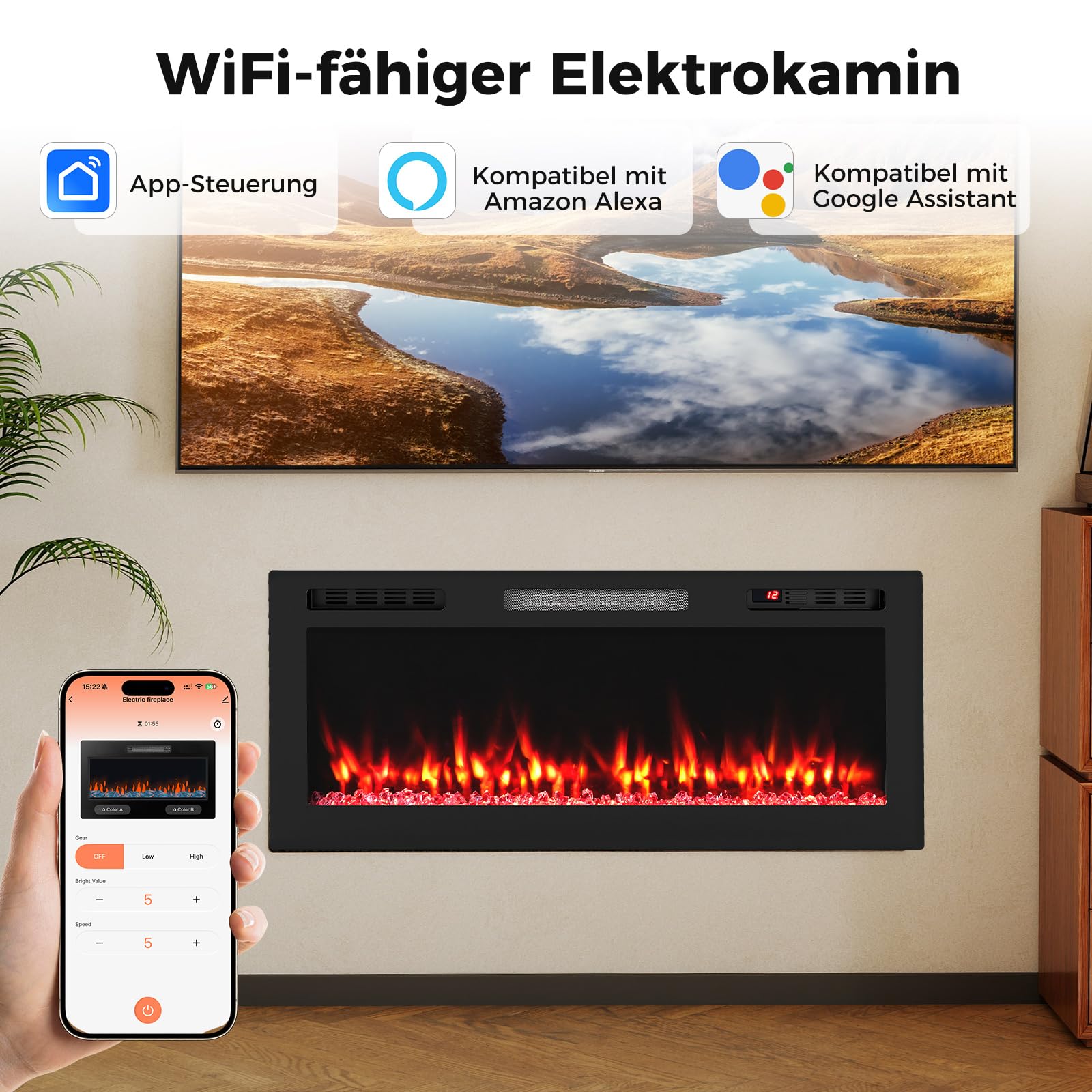 COSTWAY Kominek elektryczny 42", 750 W/1500 W, kominek do zabudowy, kominek ścienny z aplikacją, obsługa Wi-Fi i pilot zdalnego sterowania, kominek elektryczny z 12 kolorami płomienia i żaru, 5