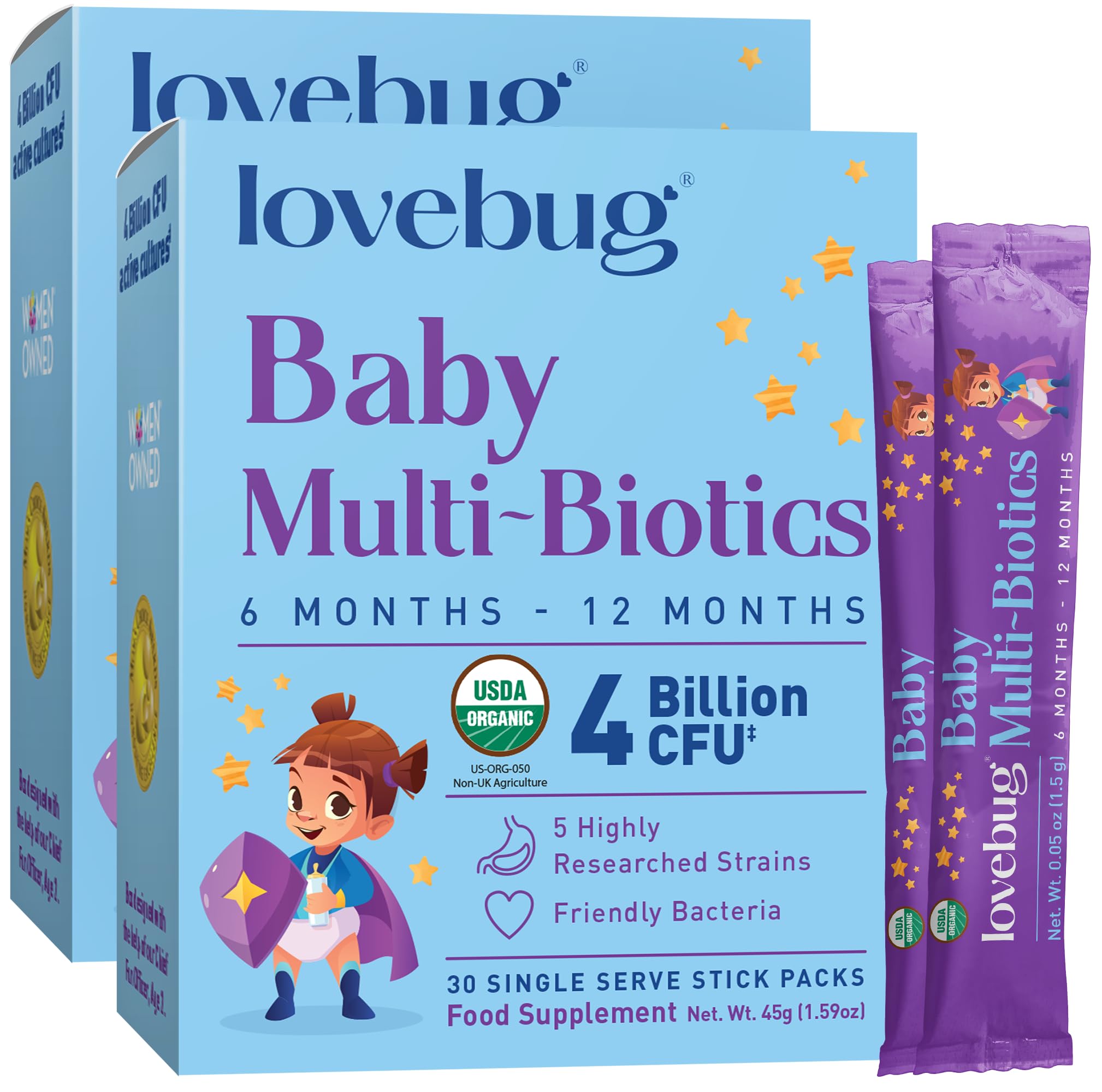 LOVEBUGBaby Multi-Biotics for Babies - Organic Formula for Baby 6-12 Months Organic, Sugar-Free, Tasteless Powder, 60 PackUSDA Organic
