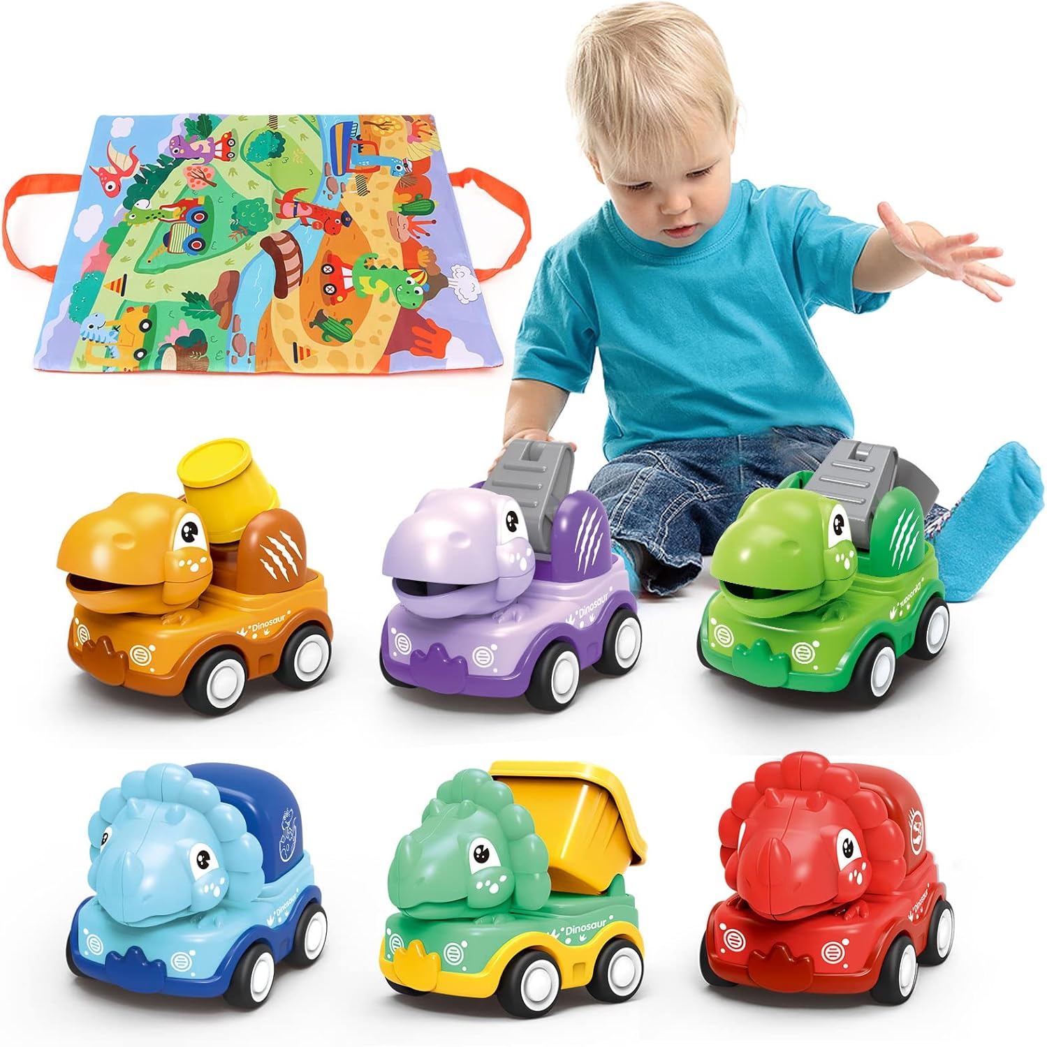 Toy Cars for 1 Year Old Boy, Dinosaur Pull Back Construction Vehicles