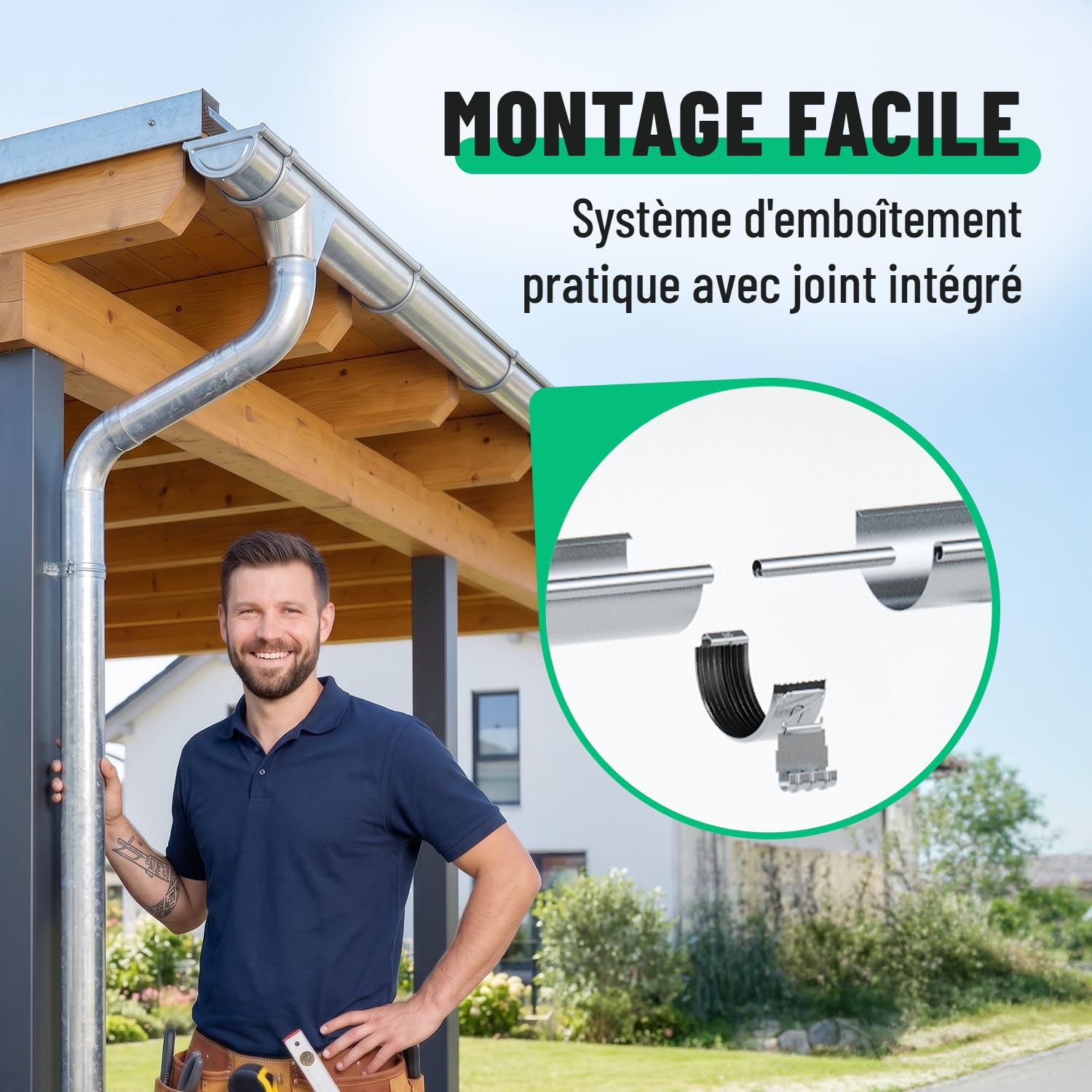 greate Kit gouttière PVC 5,75m avec descente, galvanisé | notice montage incl. - 280 Gouttière zinc pour abri de jardin, carport etc. - facile