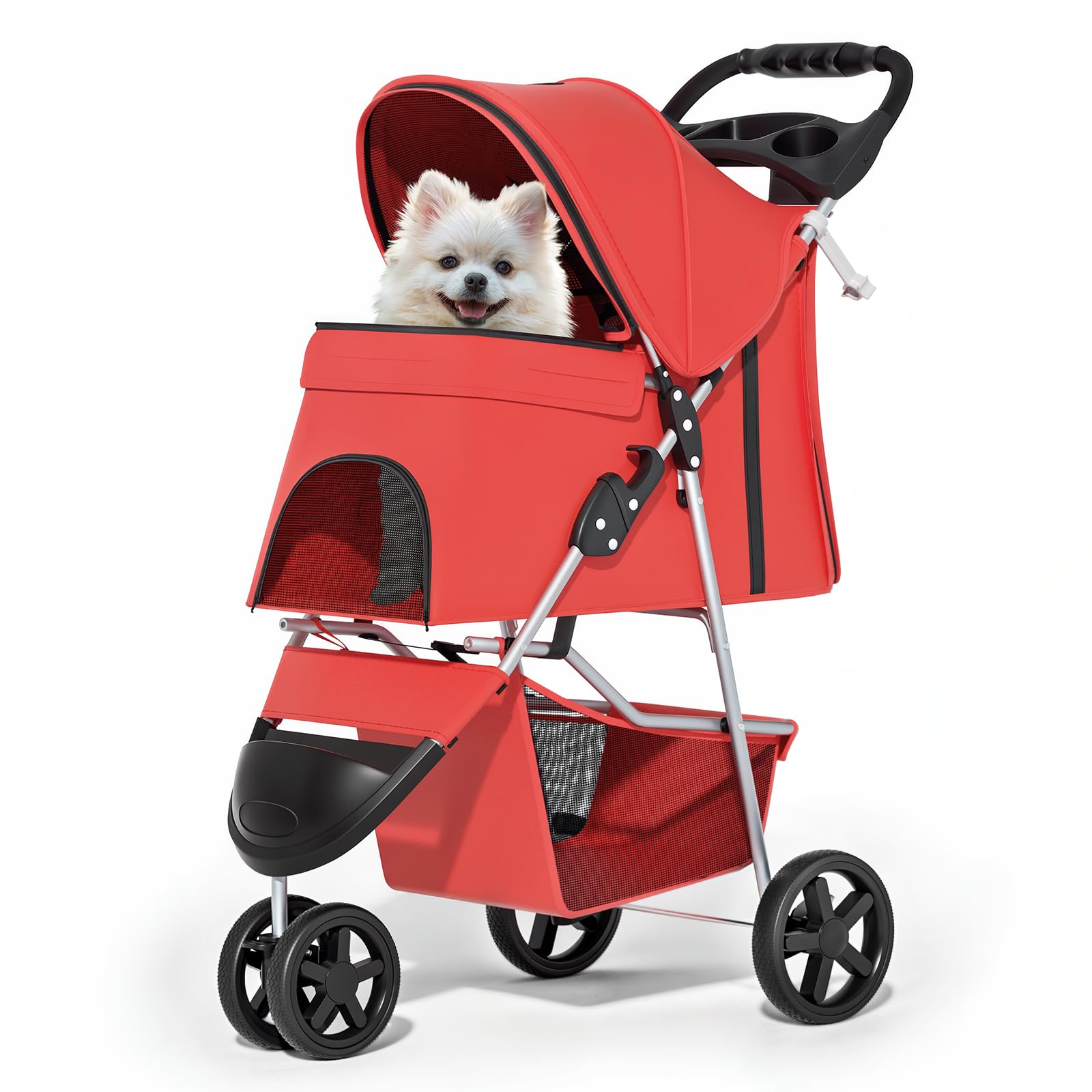 MoNiBloom 3 Wheels Pet Stroller, Foldable Puppy Cage Jogger Stroller with Weather Cover for All-Season, Storage Basket and Cup Holder, Breathable and Visible Mesh for Small/Medium Pets, Red