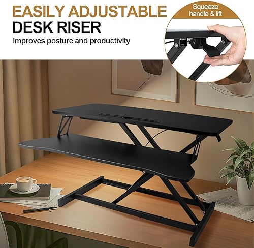 Miniatura 7 de Convertidor de escritorio de pie de 32 pulgadas de altura ajustable, elevador de escritorio para sentarse a ponerse de pie con bandeja para teclado