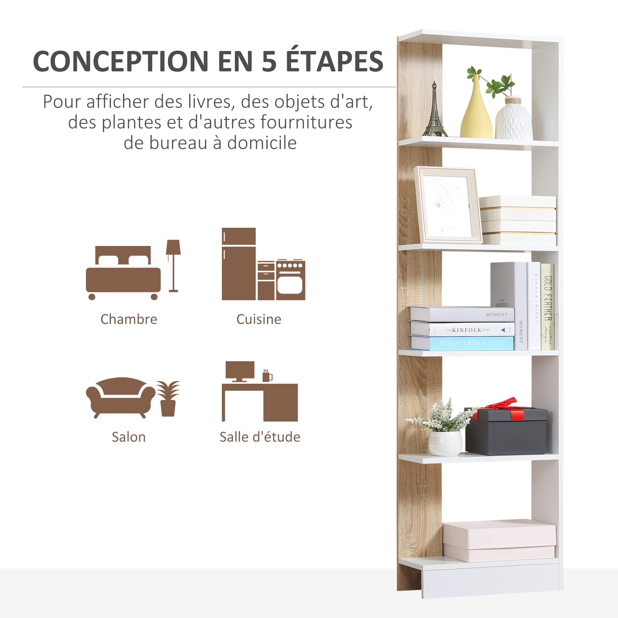 HOMCOM Bibliothèque Étagère de Rangement 45 x 21 x 170 cm Blanc et Chêne | 5 Compartiments Ouverts, Design Simple Moderne, Idéale pour Salon Chambre Bureau