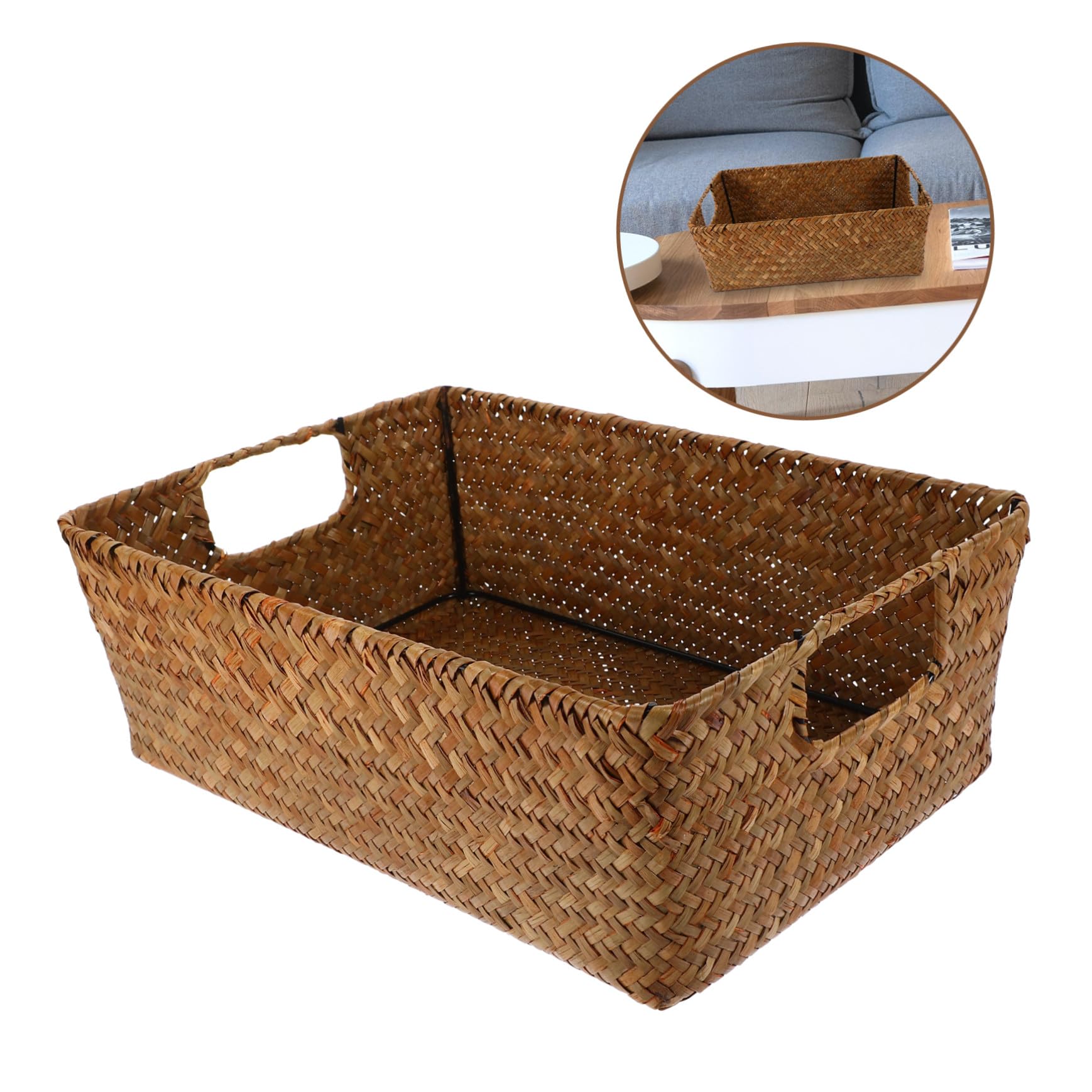 Cabilock Cesta Tejida de Algas Marinas Rectangular Asa Resistente para Organizar Artículos Variados en Hogar, Estilo Retro y Simplicidad del Viejo Estilo