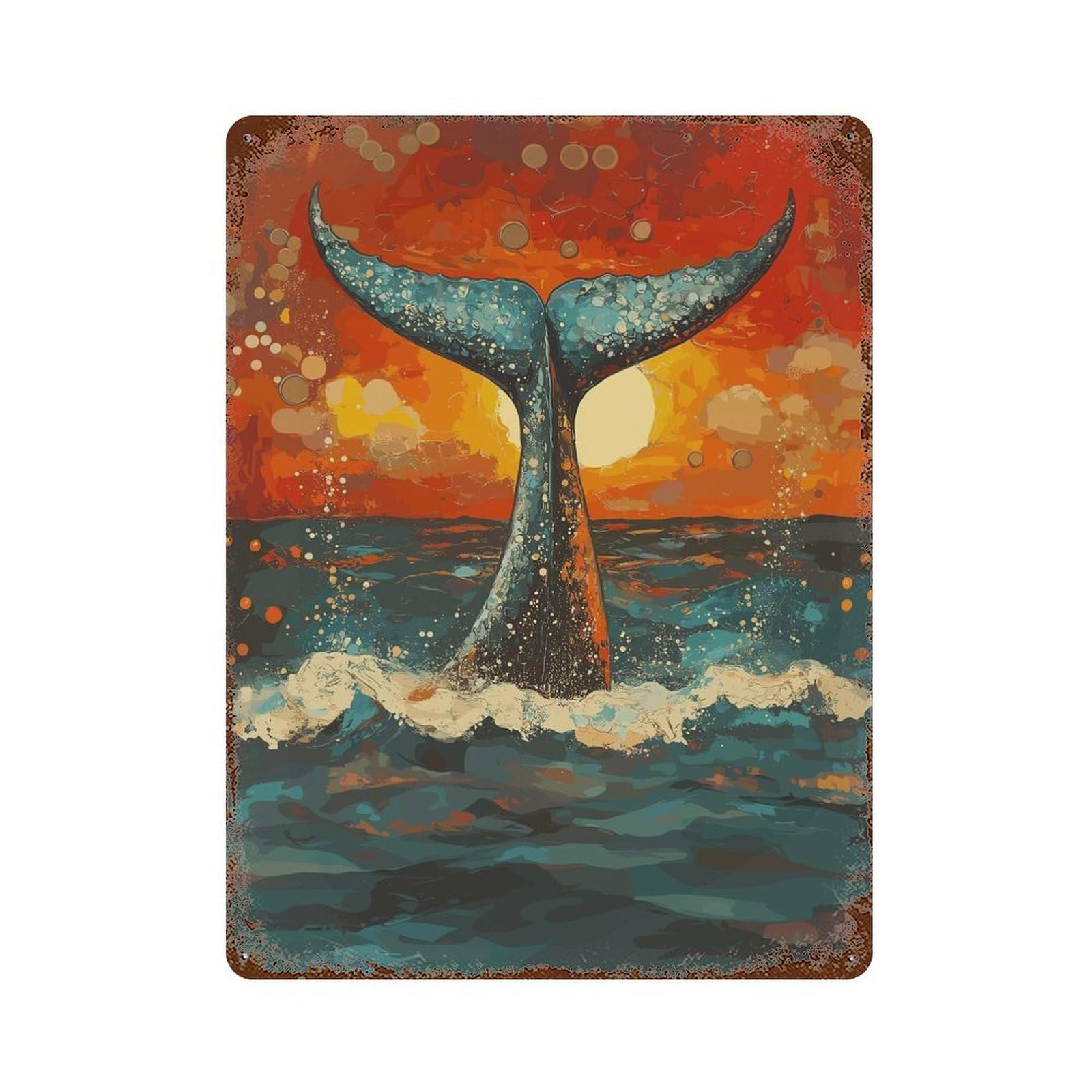 Distressed Metal Wall Sign with Whale Tail at Sunset Design 15.7"x11.8", for Office, Studio And Wall Decor, Industrial Home Decor