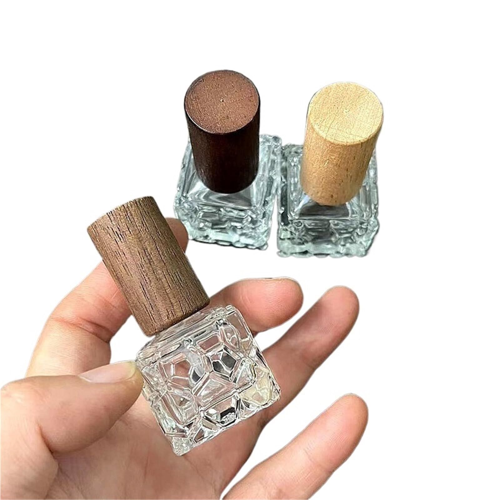 10/30/50 szt. 10 ml przezroczysta szklana butelka perfum kwadratowa butelka z rozpylaczem drewniana nakrętka/aluminiowa nasadka kosmetyczny pojemnik do butelkowania (srebrna nasadka, 10 szt.)