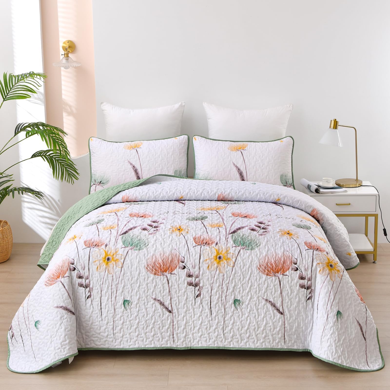 Dinjoy Floral Quilt Set Queen, 3 Pieces Sage Green Botanical Bedspreads