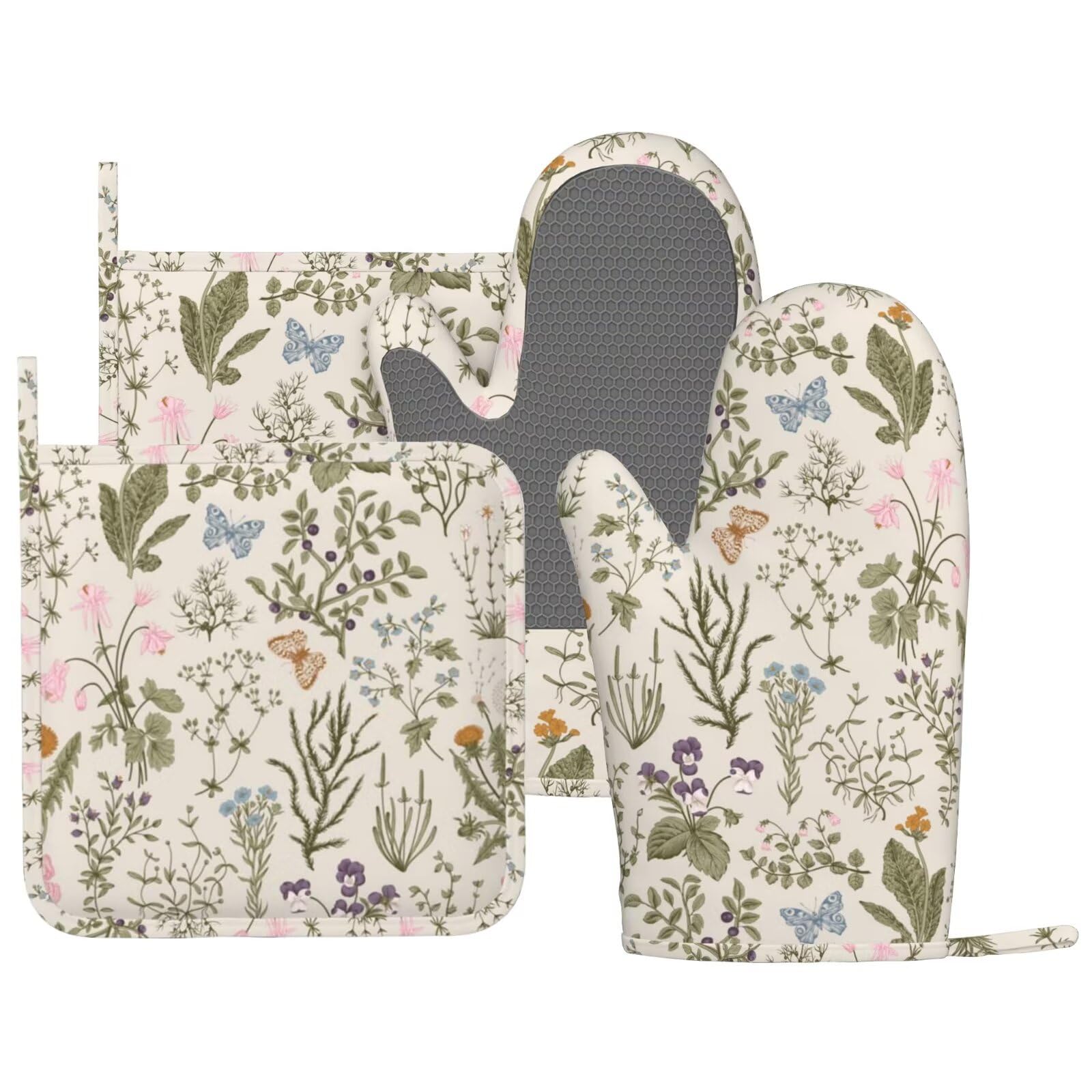 HEROARMOUR Vintage Wildflower Herbs Floral Rustic Butterfly Oven Mitts Pot Holders Set Silicone Kitchen Gloves Potholders Non-Slip Heat Resistant for