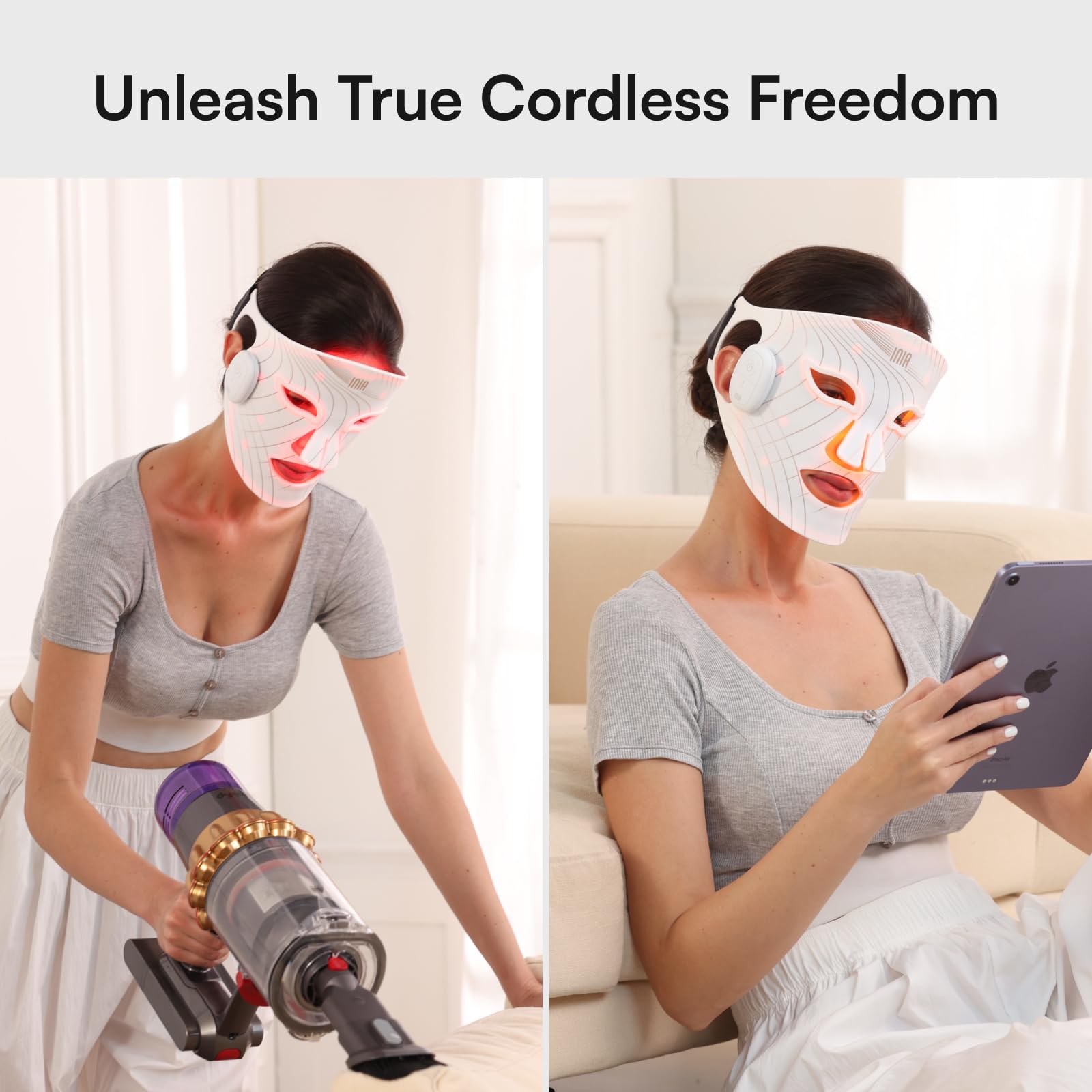 INIA Glow Maschera per il viso con luce rossa NIR ricaricabile ergonomico bianco