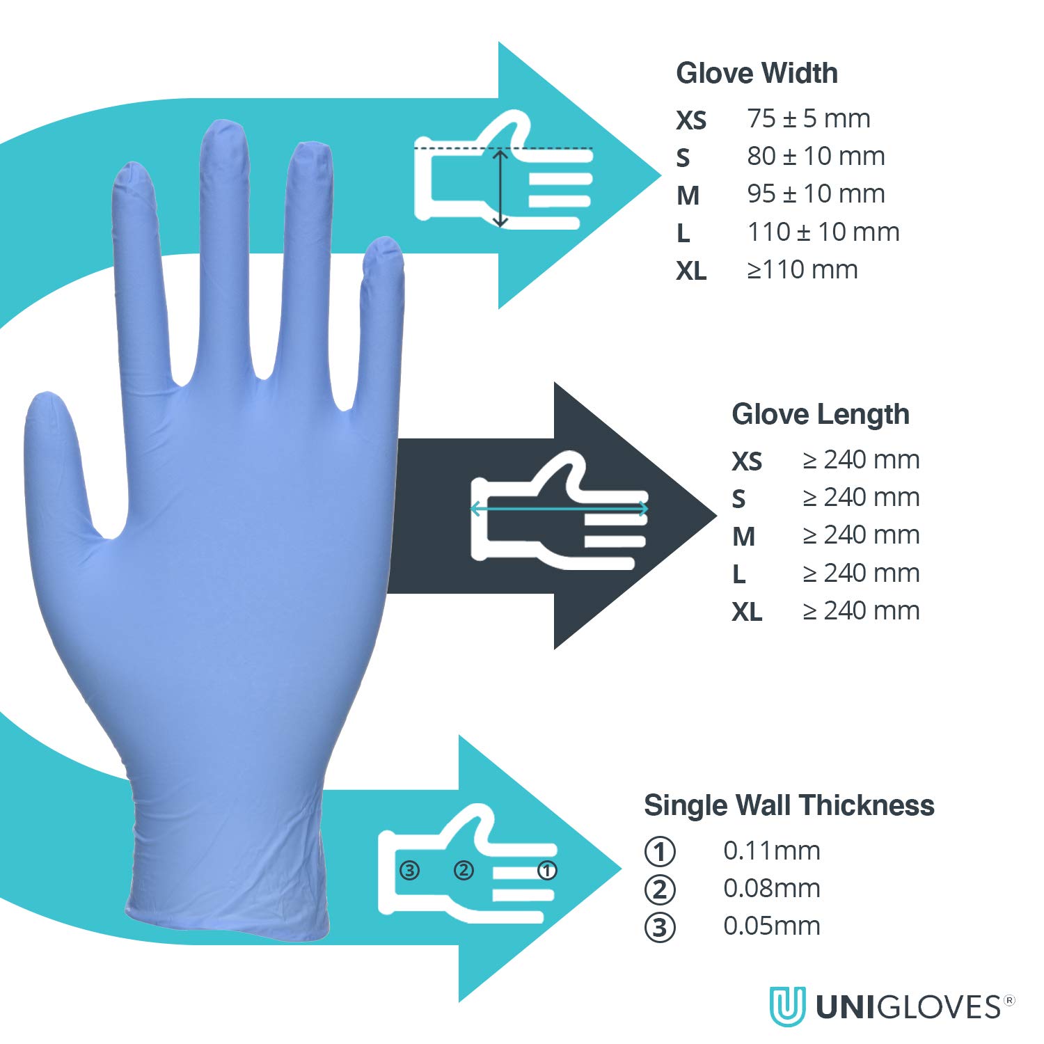 UNIGLOVES Kooltouch Guanti Monouso in Nitrile, Peso Medio, Senza Talco, Confezione da 100, Blu, Extra Small