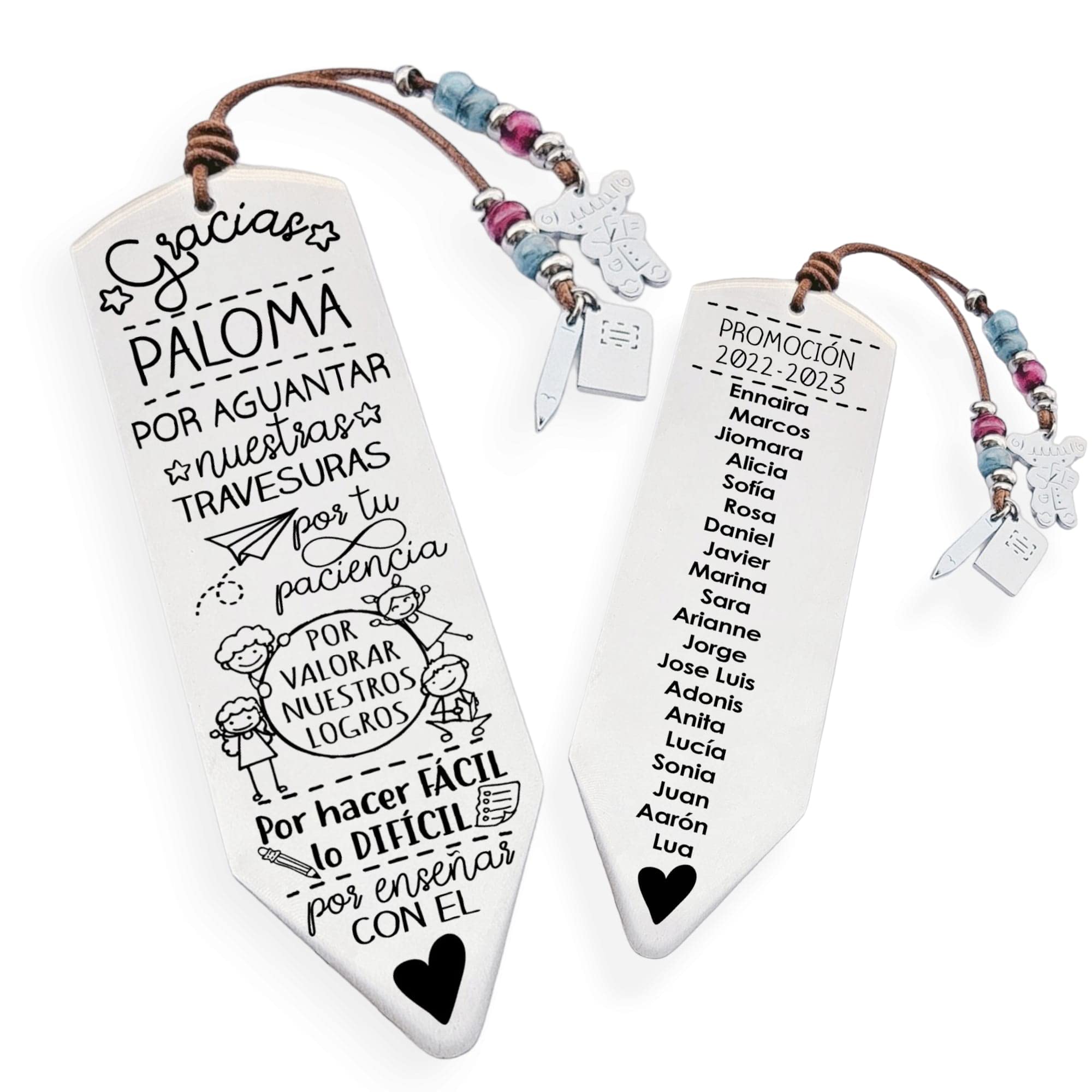 Marcapáginas personalizado con los nombres de los niños en acero inoxidable. Producto nacional, fabricado a mano. Regalos para profesores. Regalos fin de curso. MODELO-2023-01. (Resisnas Multicolor)