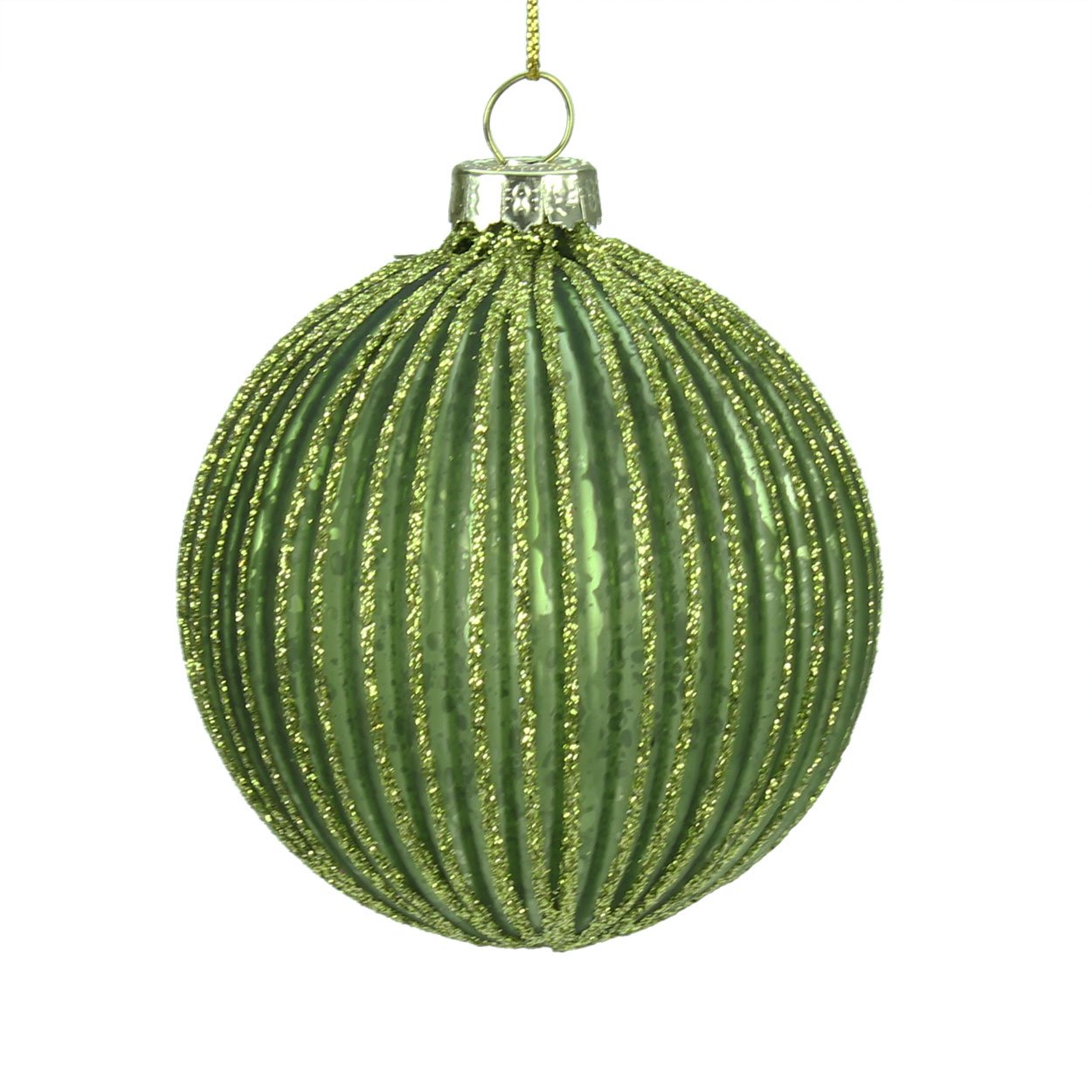 Green Ridged Glass Bauble with Glitter Finish (8cm)