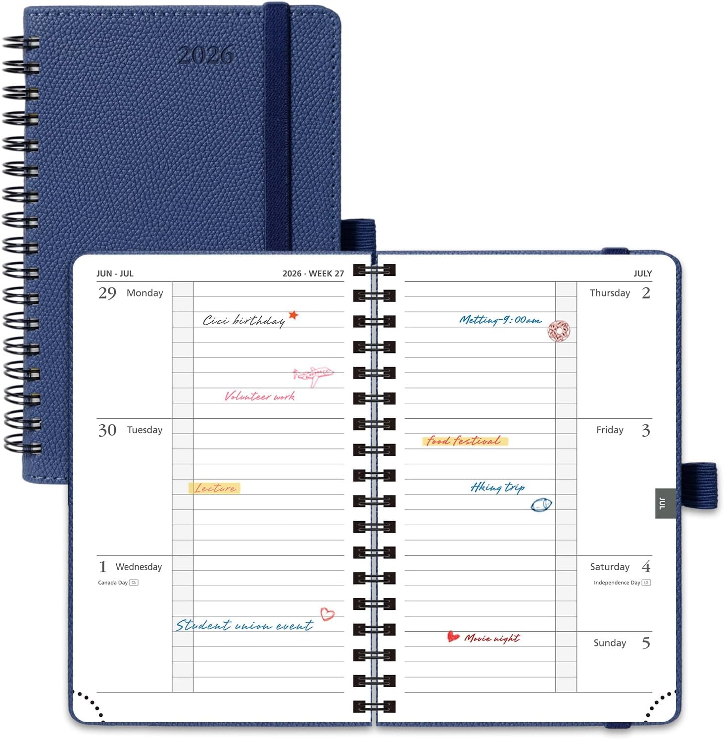POPRUN Pocket Planner 2026 (Jan-Dec), Small Size-4'' x 6.25'', 12-Month Horizontal Weekly Notebook, 2026 Pocket Calendar Book with Monthly Tabs, Spiral Soft Cover, Inner Pocket, 100 GSM - Navy Blue