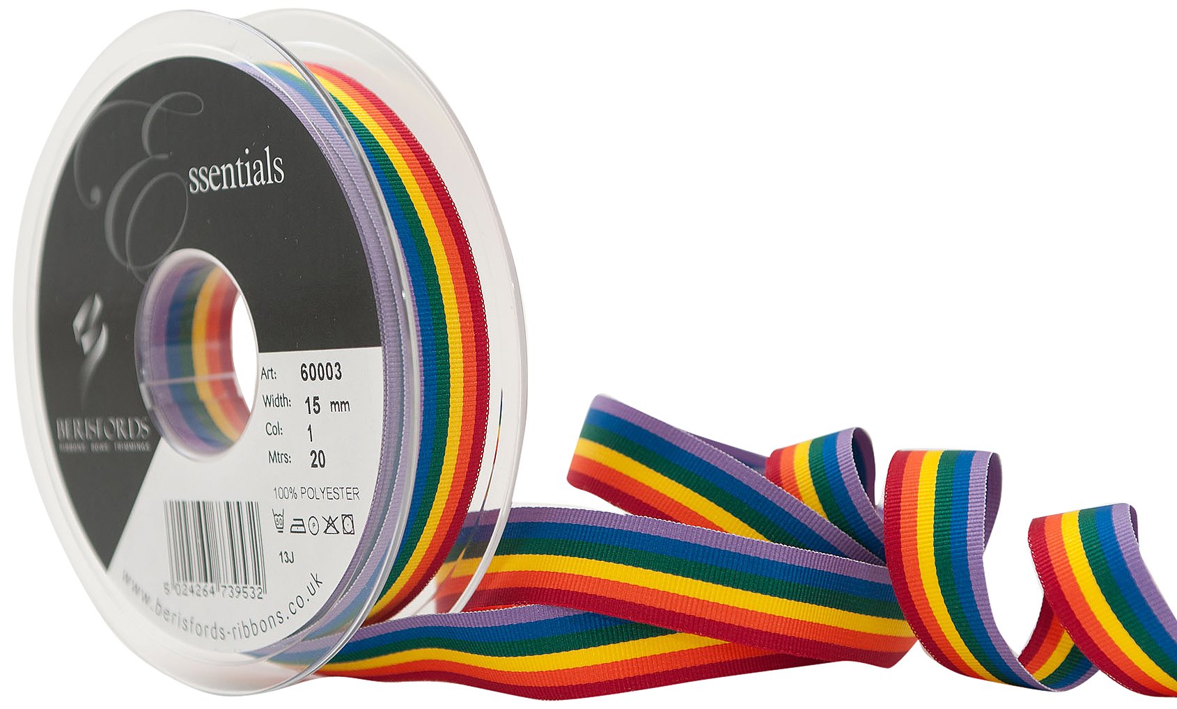 Berisfords 15 mm Rainbow Stripe Ribbon, Multi-Color
