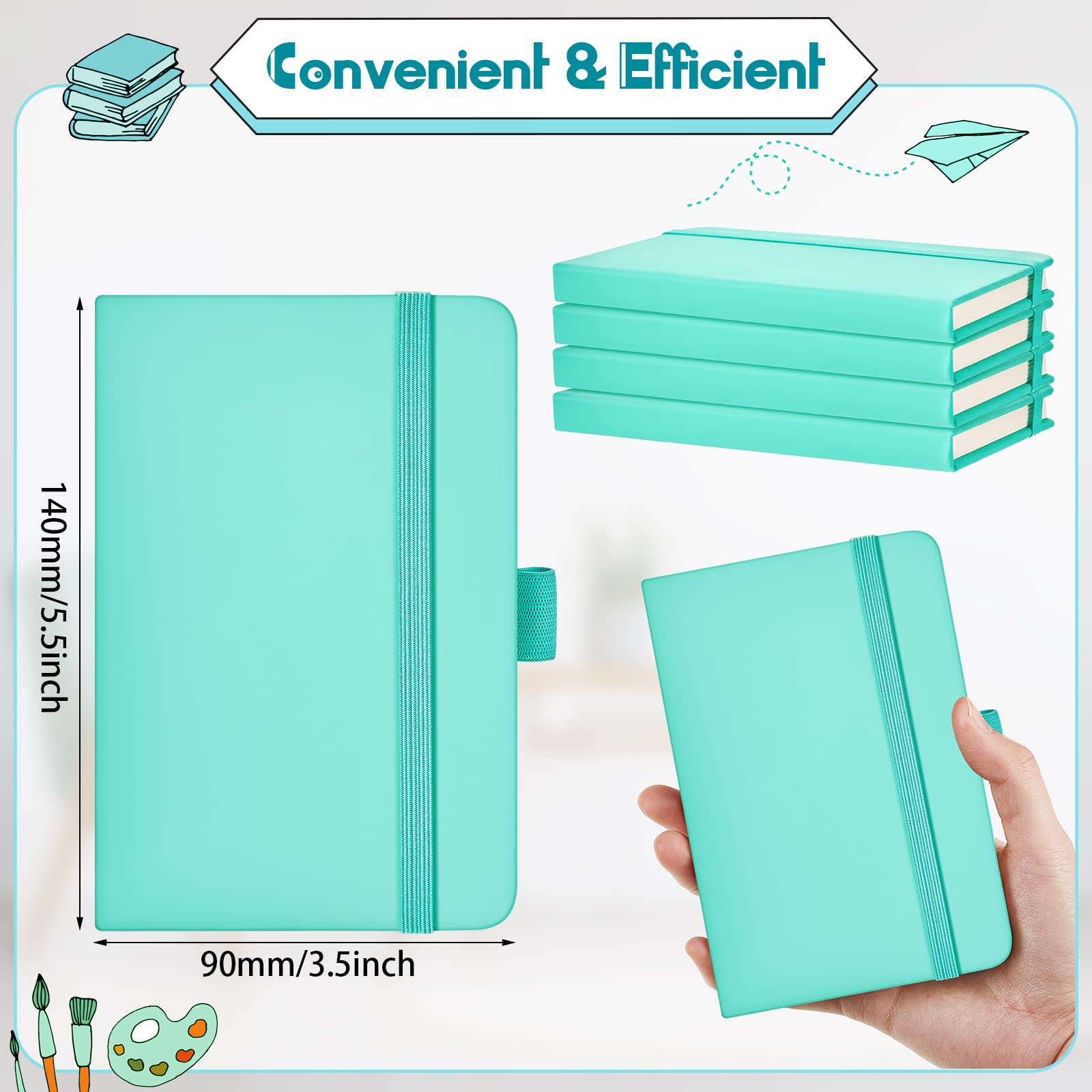40 quaderni tascabili, formato A6, 8,9 x 14,9 cm, piccoli quaderni in pelle, a righe, con fascia elastica, portapenne, nastri segnalibro (azzurro)