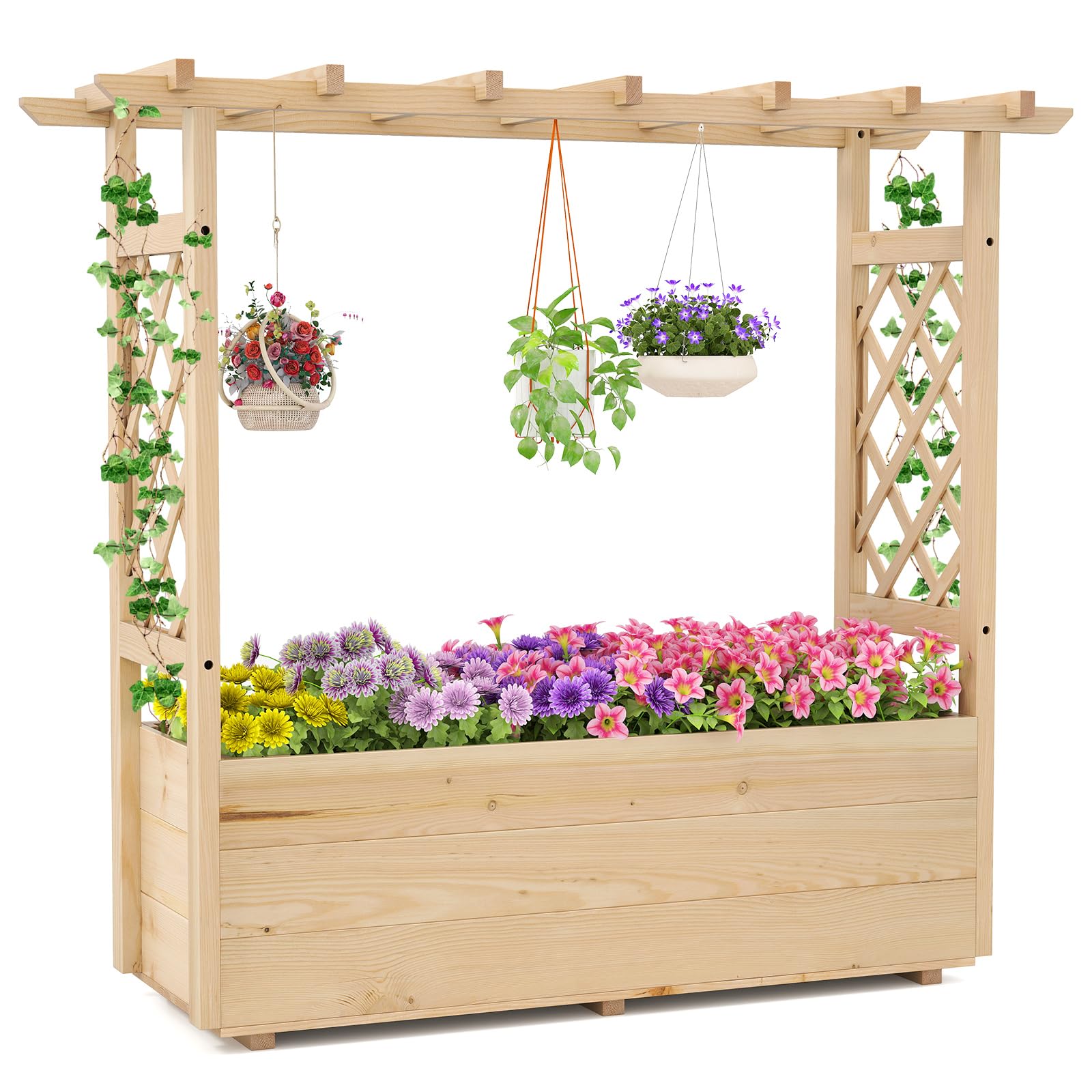 COSTWAY Garden Planter with Trellis, Hanging Roof and Drainage Holes, Wooden Raised Bed for Climbing Vine Plants, Indoor Outdoor Trough Container Grow Box Flower Pot (Natural, 115 x 40 x 103 cm)