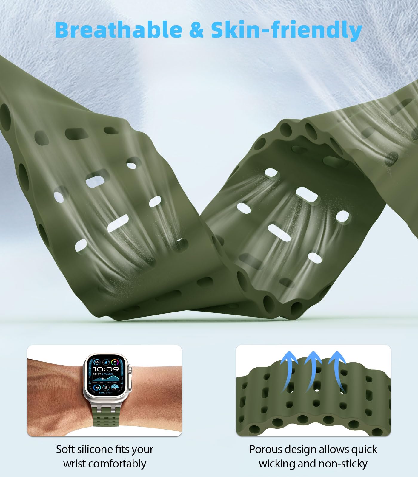 MoKo Bracciale Migliorato in Silicone Sport Oceano per Apple Watch 49mm/46mm/45mm/44mm/42mm - Serie 10/9/8/7/6/5/4/3/SE2/SE/Ultra2/Ultra - Unisex