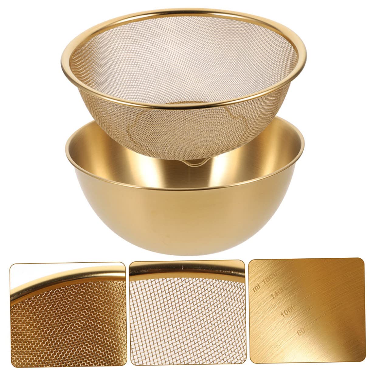 Mikikit Set da 1 Cesta Scolapasta in Acciaio Inossidabile Rete Fine e Ciotola Dorata per Lavare Frutta e Verdura, Resistente e Non Deformabile, per Cucina