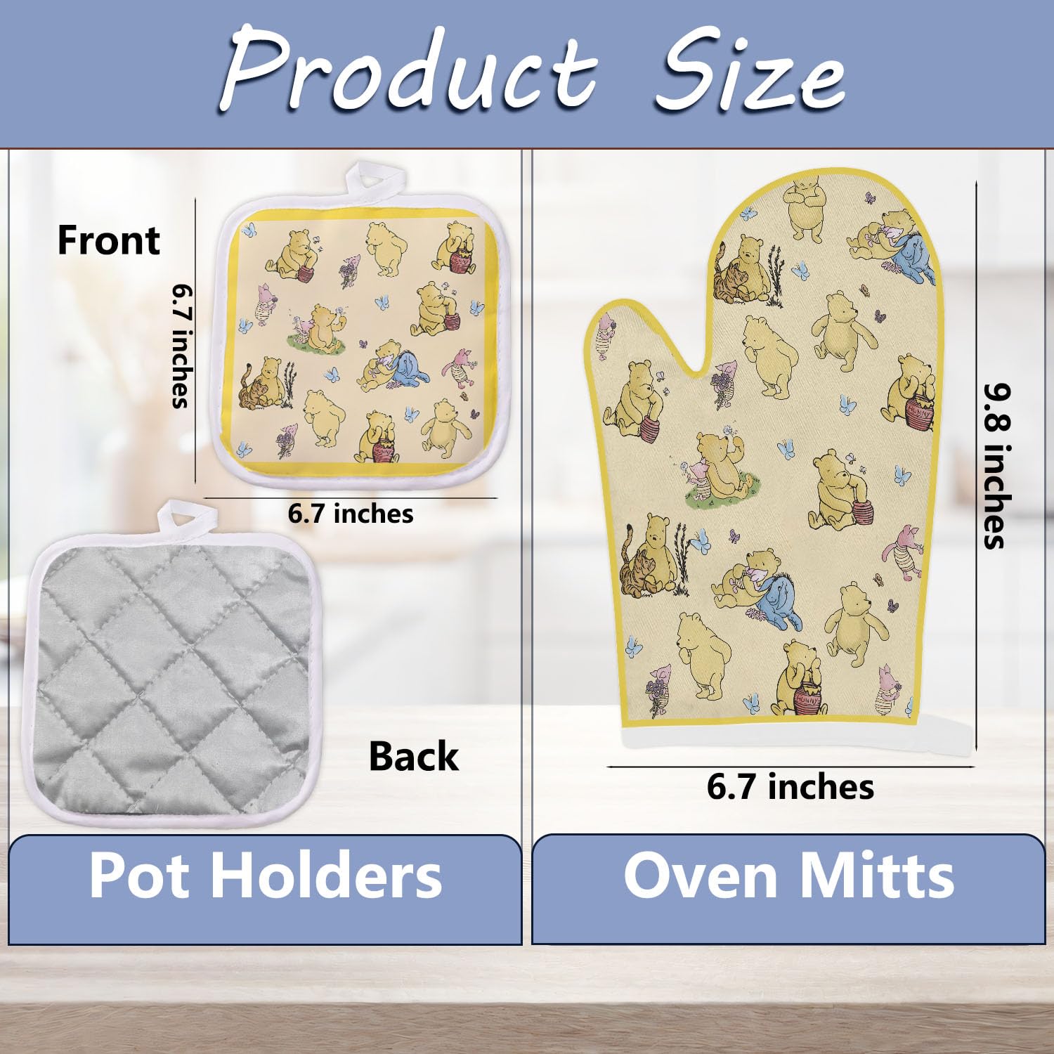 Winnie Oven Mitts and Pot Holders (Sets of 2), Scald and Heat Proof, Funny Kitchen Gifts for Women, Birthday Baking Gifts for Winnie Lover, Housewarming Gifts Ideas, Cooking Baking BBQ Gifts