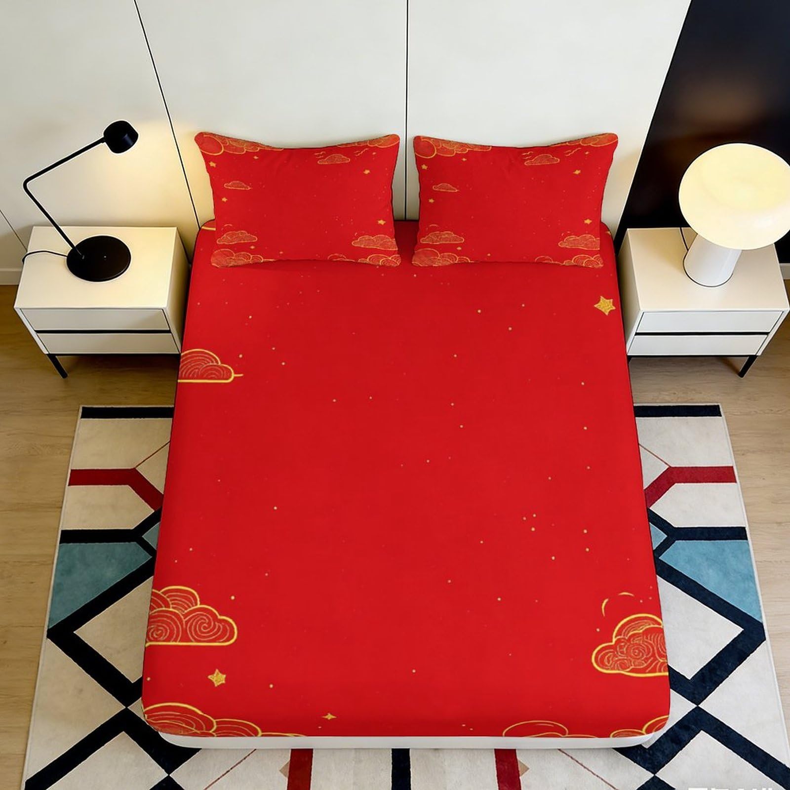 3D Printed Red Cloud Fitted Sheet Microfiber Soft Bed Cover Golden Pattern Bedroom Decor Dorm Protection 90x200x25cm