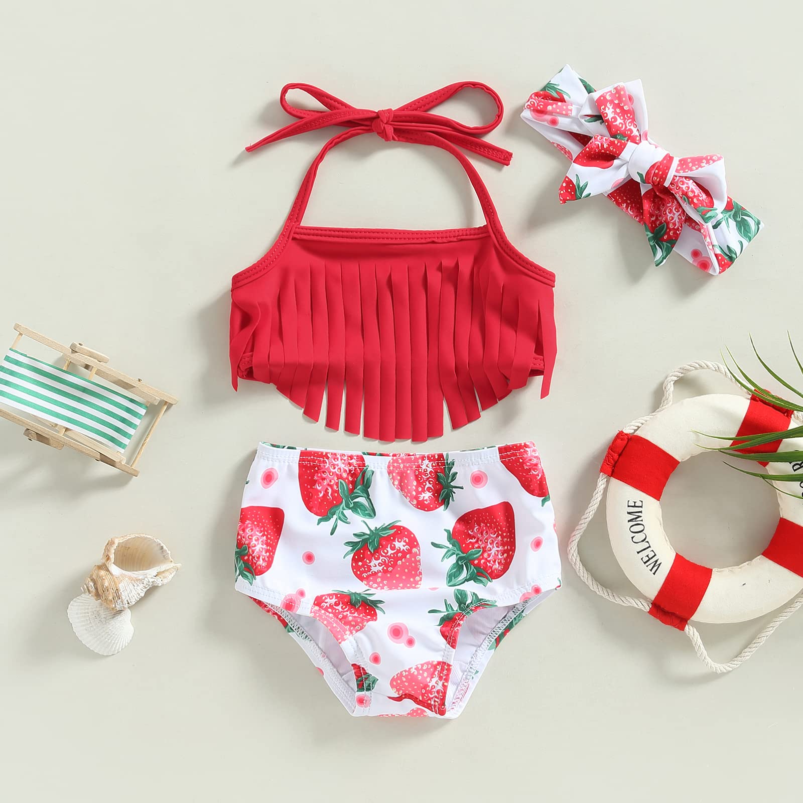BULINGNA Toddler Infant Baby Girl Swimsuit Tassels Bikini + Strawberry/Floral Print Shorts + Bow Headband Summer Beach Outfit (Red Strawberry, 6-12 Months)
