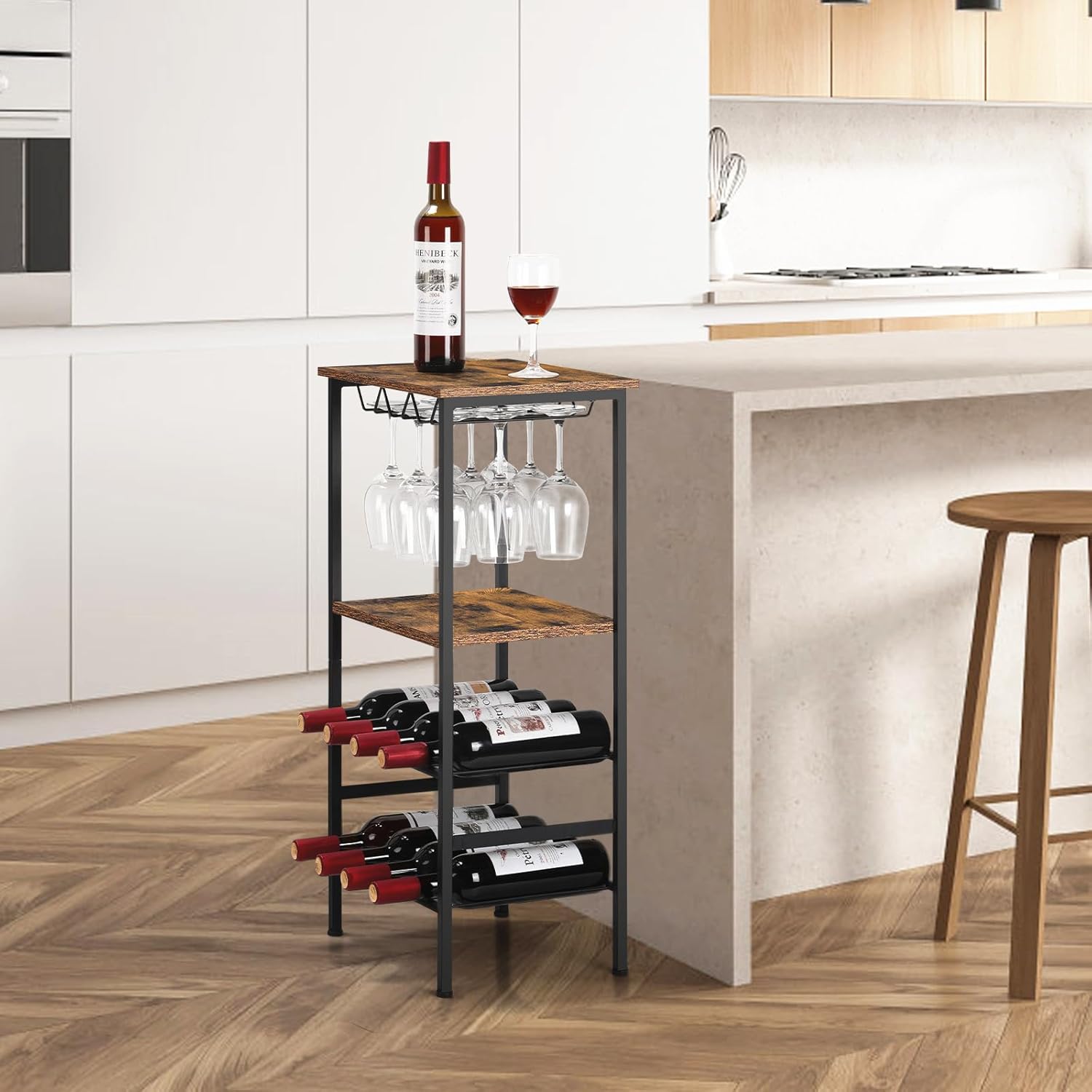 NANANARDOSO Wine Rack, Wine Table with GlassBottle Holder, Wine Holder Stand with Metal and Wood for Home, Floor Liquor Wine Cabinet Storage for Bar Kitchen Dining