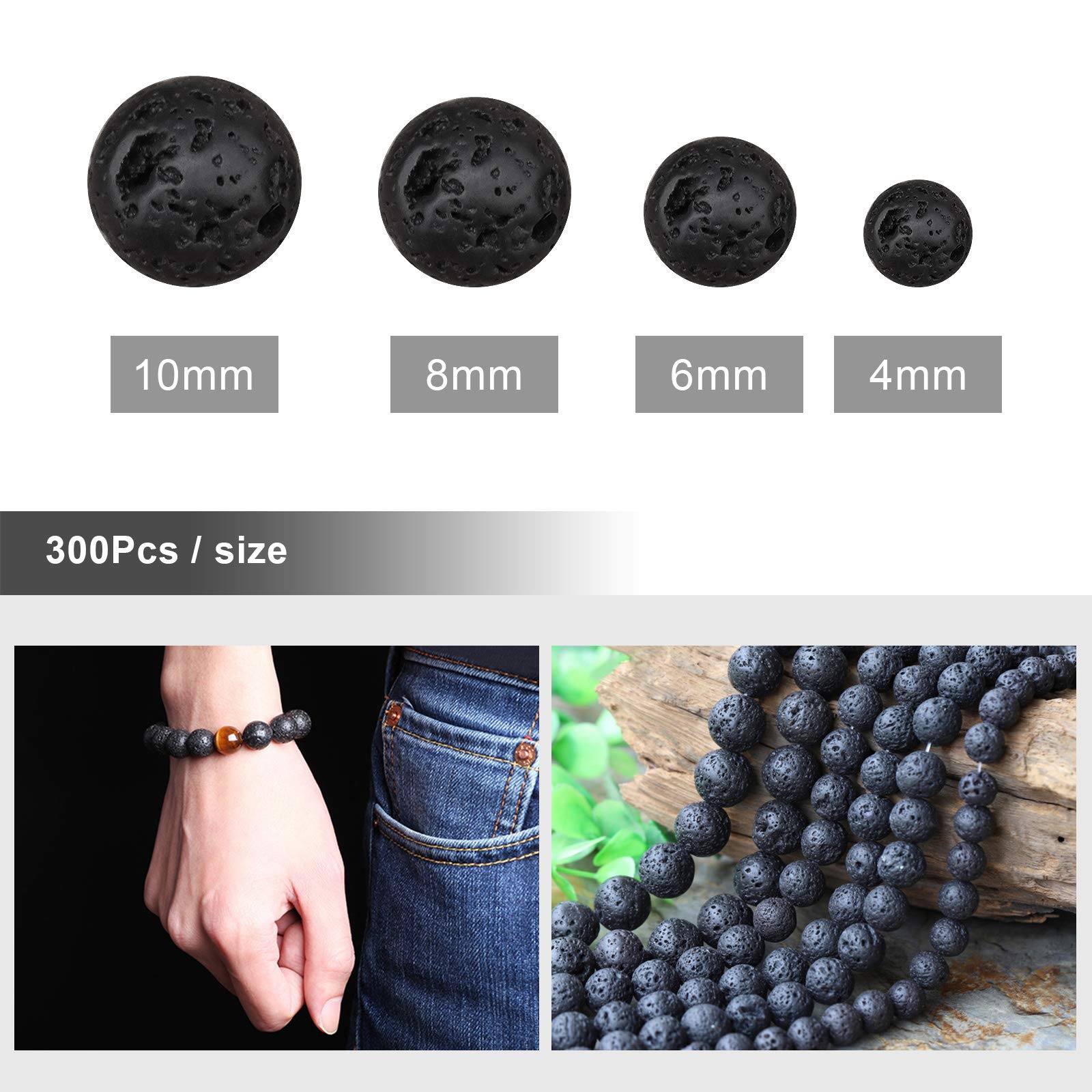 Ainstsk Lot De 500 Perles De Lave En Pierre De Lave Avec Perles Chakra Et Perles D'espacement En Cristal De 4 à 8 Mm Pour La Fabrication De Bijoux