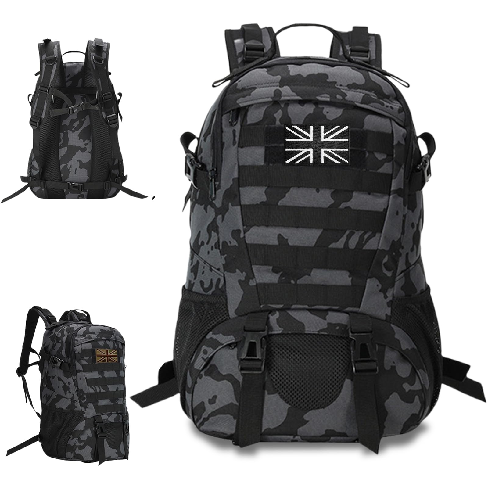 VIHARYEM 30L Military Tactical Backpacks Molle Army Assault Pack 3 Day Bug Out Bag Laptop Bag for Hiking Treeking Black Hunting Rucksack with 2 Flag Patches and Bottle Holder