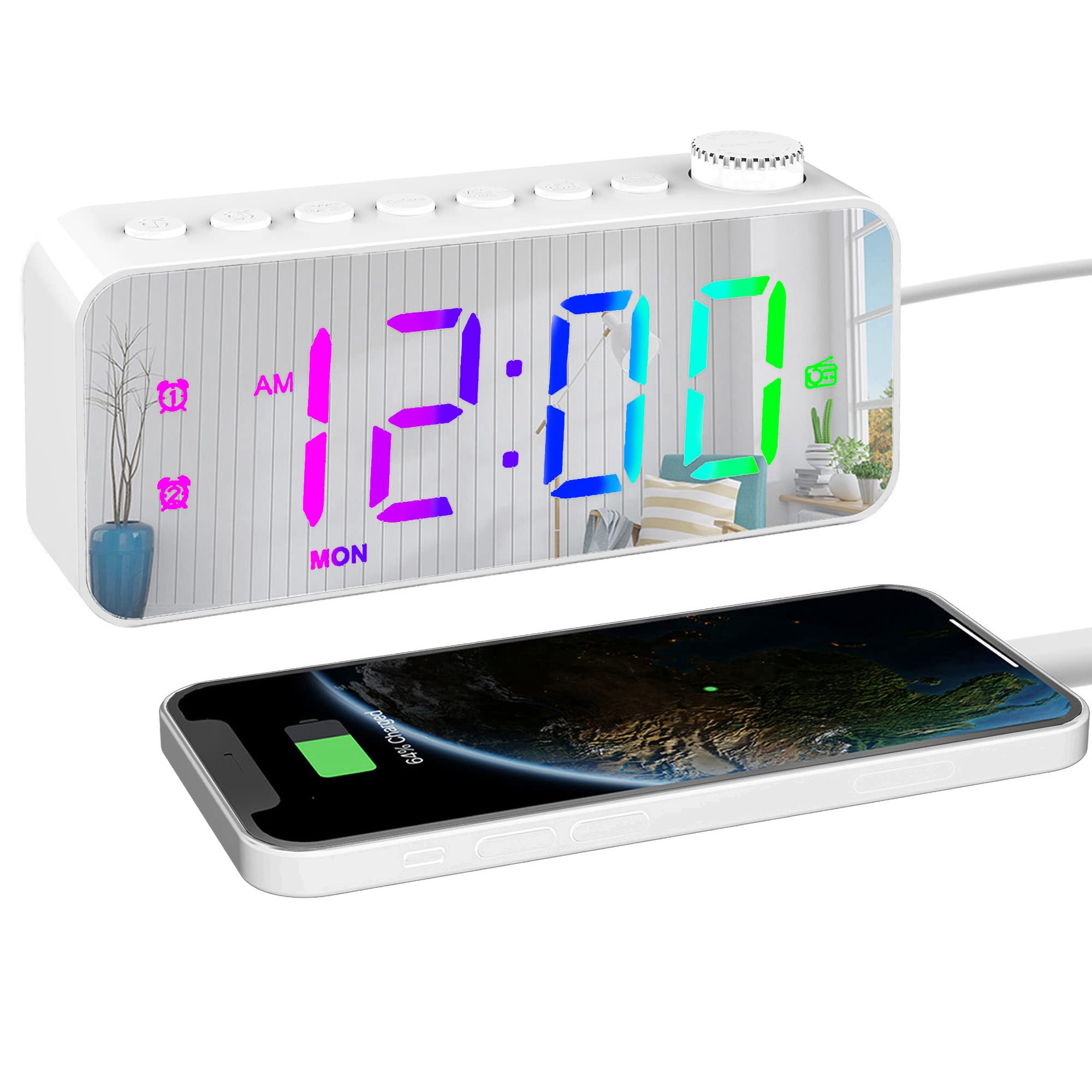 Colorful Digital Alarm Clock Radio, Small Clock Radio, with Mirror Surface, Dual Alarm, Snooze, FM Radio, Sleep Timer, USB Charging Port, Decor for Bedroom, Bedside, Office, Adult, Kid, Gift, White