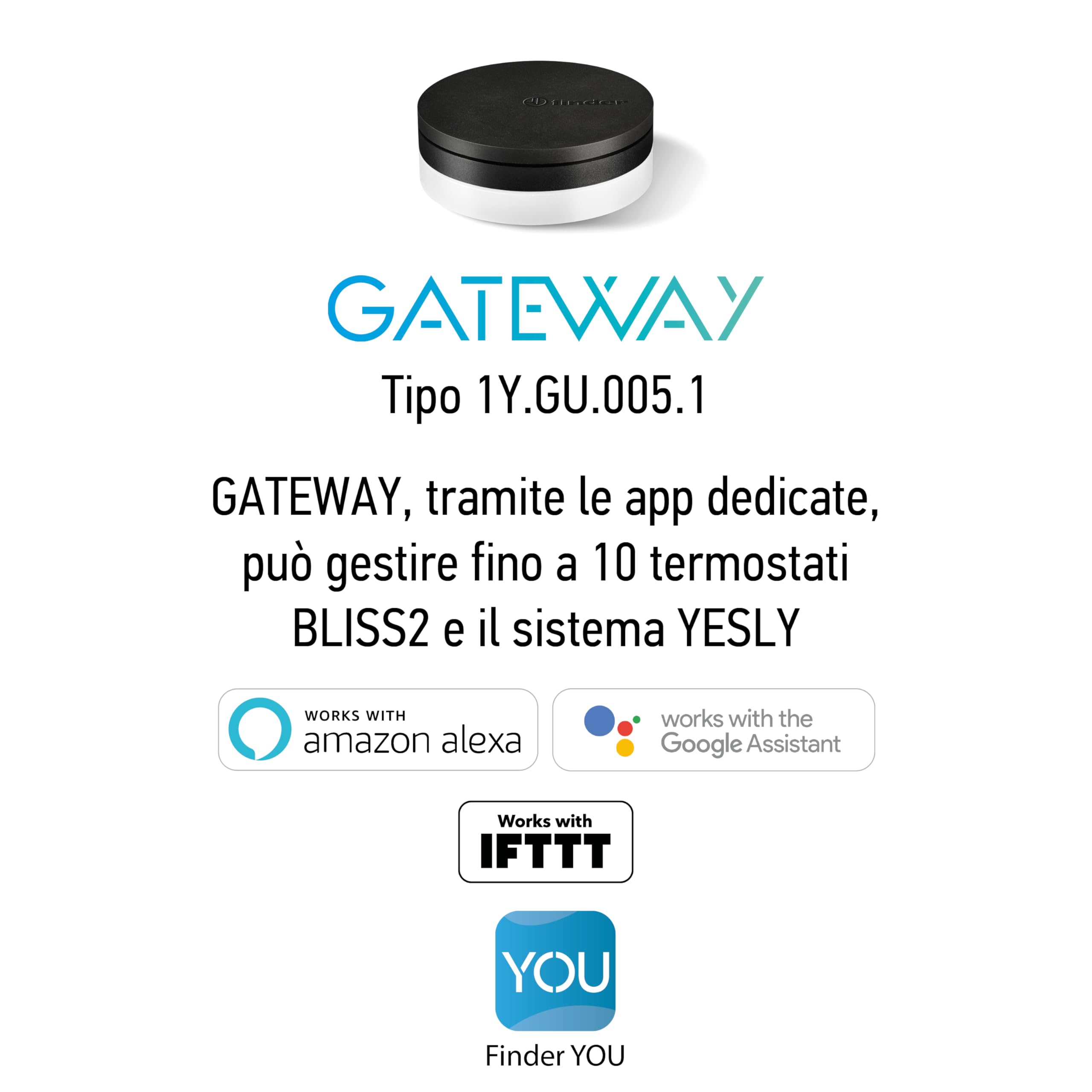 Finder Gateway esterno USB Tipo 1Y.GU. Per comandare da remoto il tuo impianto YESLY e i tuoi dispositivi BLISS2 ovunque ti trovi nel mondo. Controllabile con App Finder YOU e Assistenti Vocali