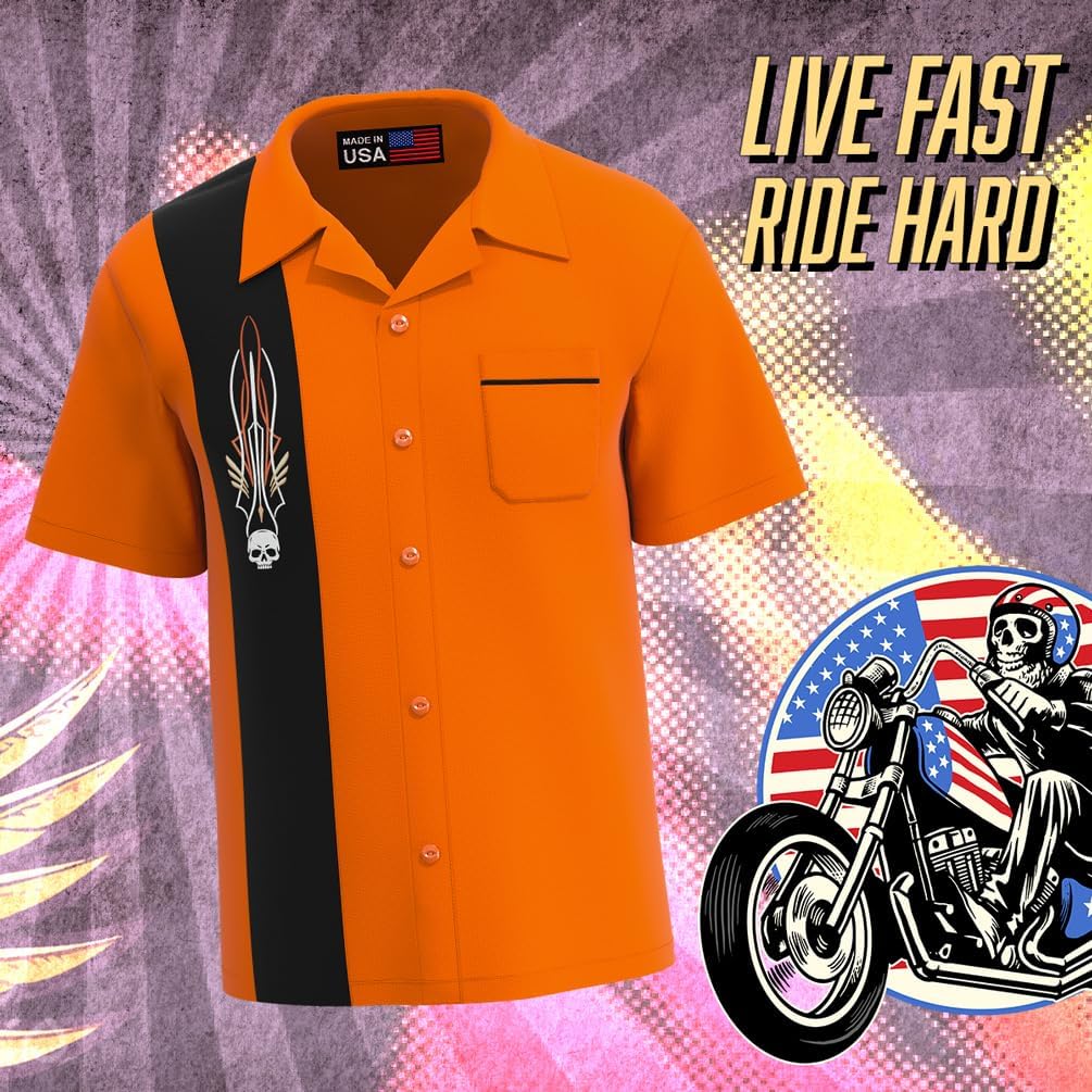 BeRetro Men's Skull Biker Button Down, Motorcycle Rockabilly Bowling Hot Rod Shirt ~ Clutch ~ Embroidered Orange and Black