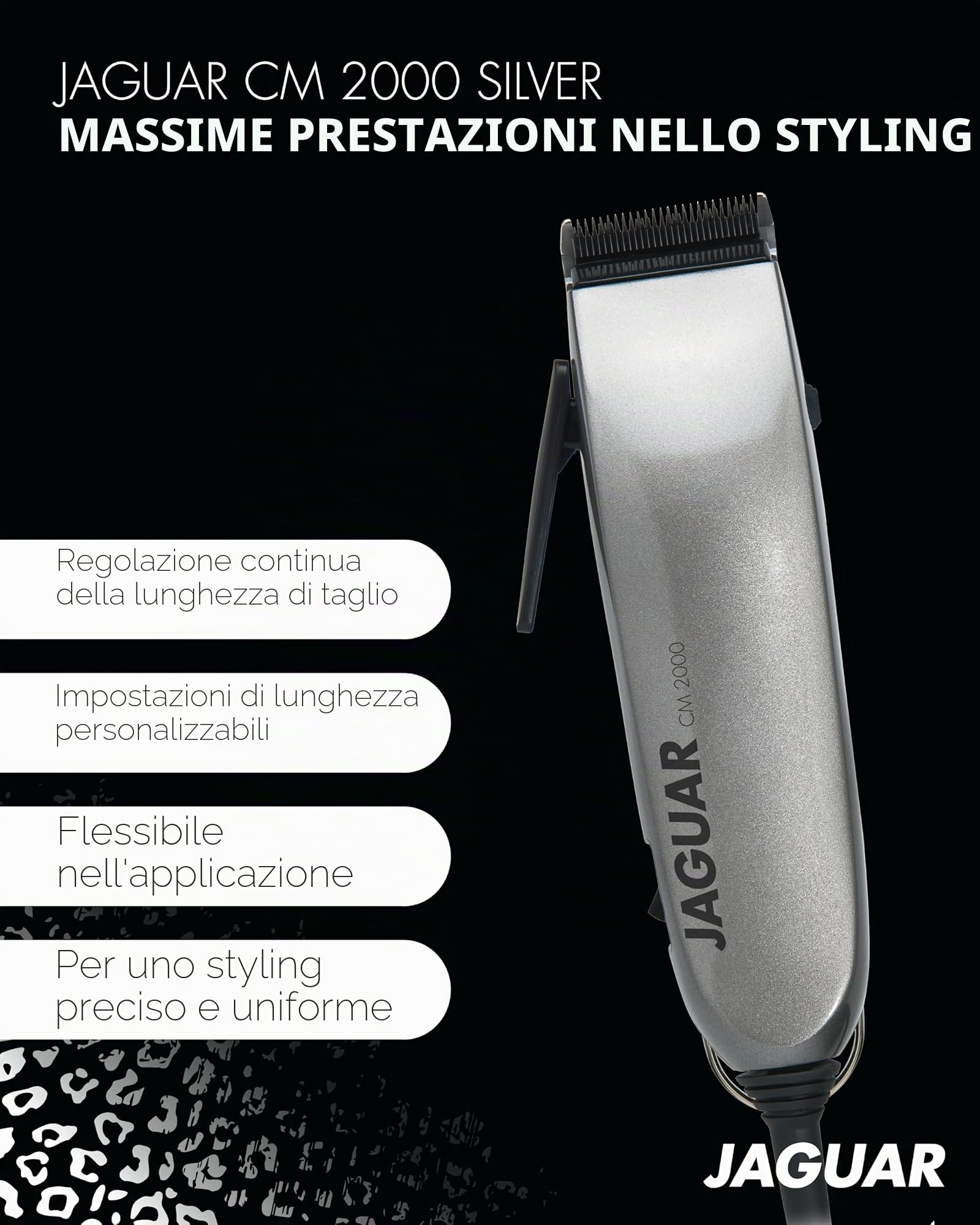 JAGUAR Tagliacapelli CM 2000 Silver | Tagliacapelli professionale per il funzionamento a rete elettrica con set di pettini e sistema di montaggio rapido | Dal professionista per voi