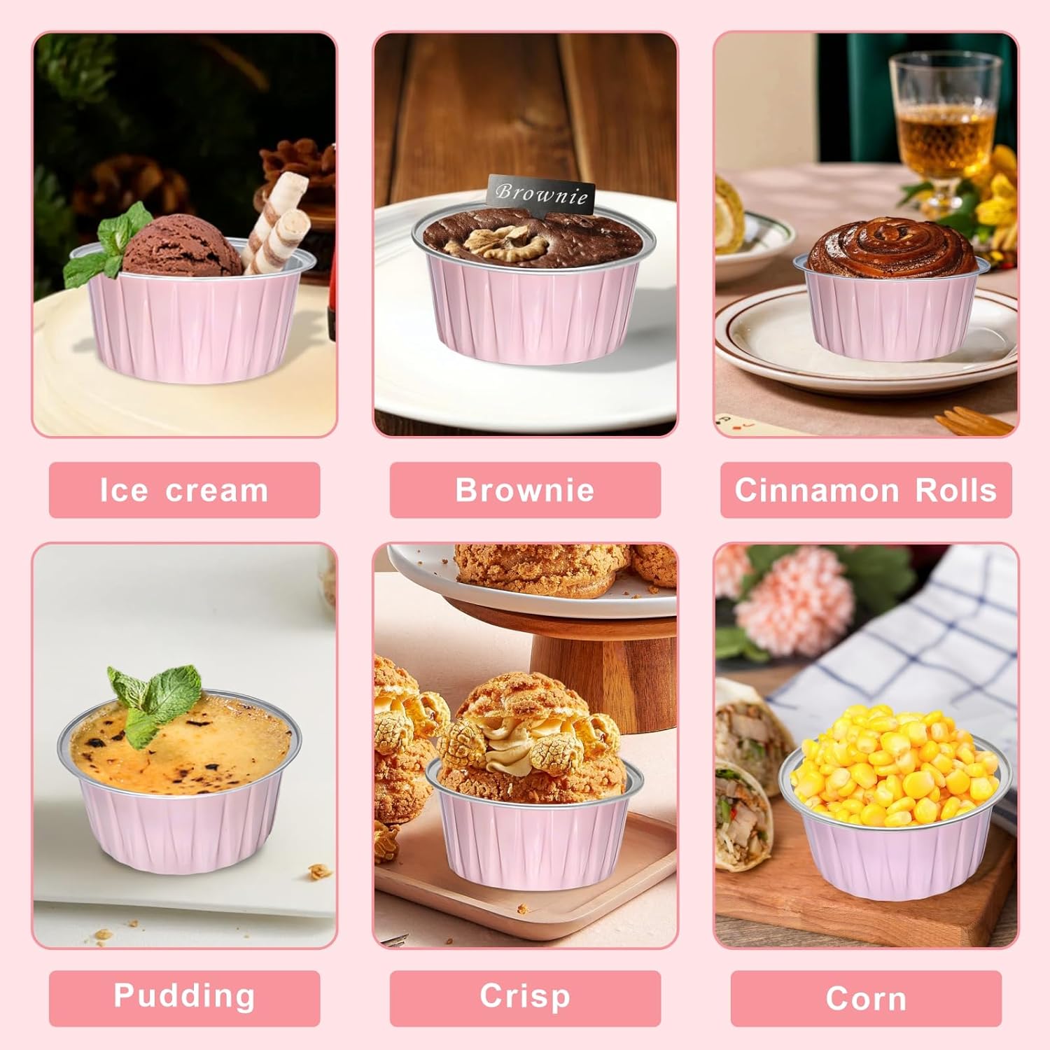 100 Pack 5oz Cupcake Pans with Dome Lids, Disposable Ramekin Cupcake Liners,Reusable Mini Muffin Case Dessert Containers for Birthday Wedding Party - Pink - Image 6