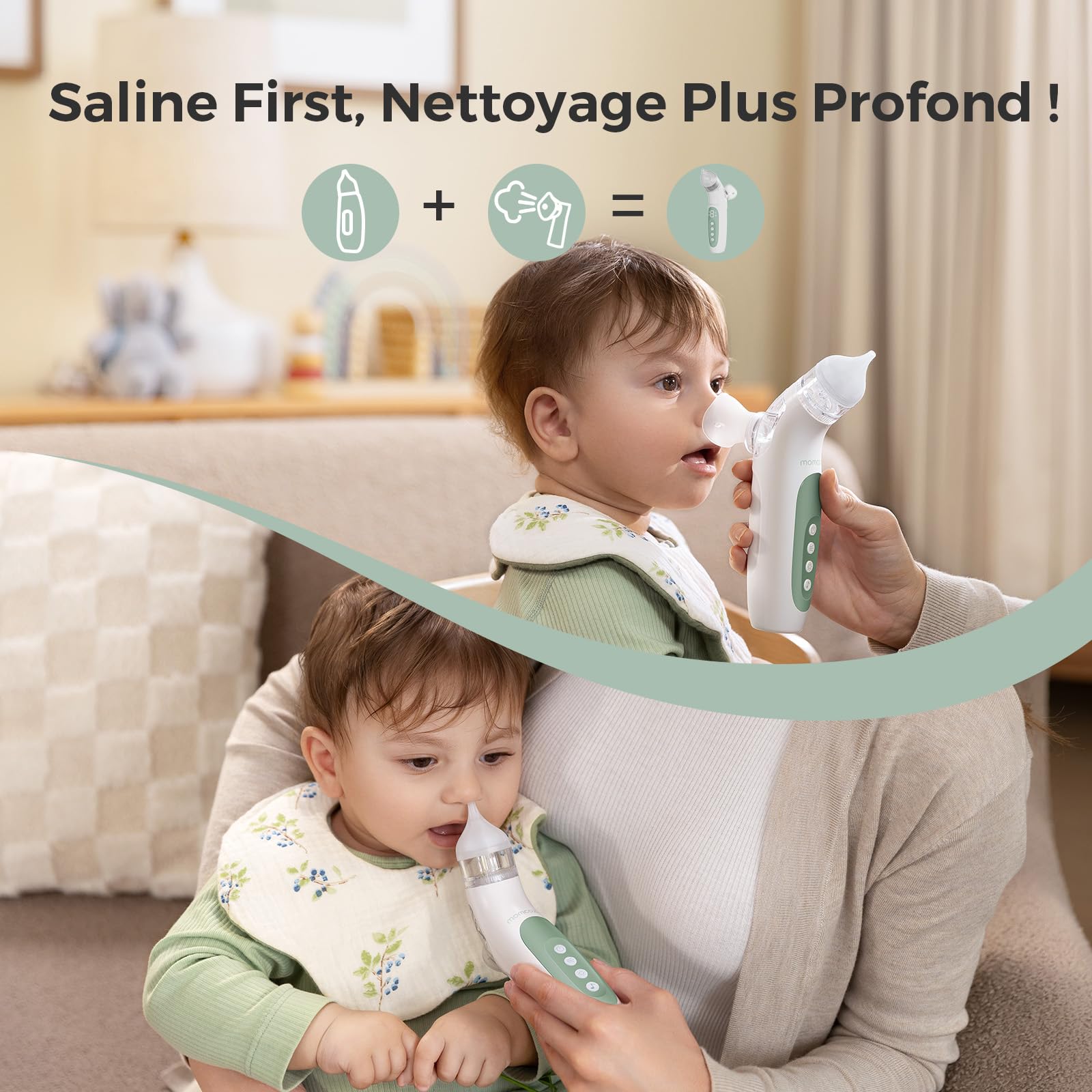 Momcozy BN007 mouche bebe electrique 2-en-1 avec fonction de pulvérisation, 65 kPa de puissance d’aspiration, 4 niveaux réglables, silencieux et portable, avec lumière et musique apaisantes
