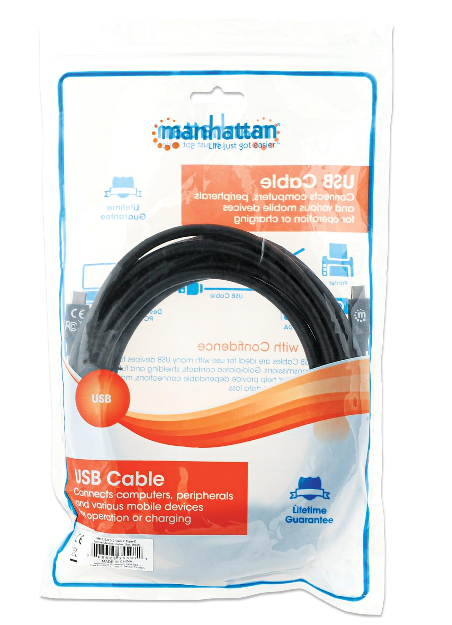 Manhattan Câble USB C mâle vers USB-C mâle 5 m SuperSpeed+ USB 10 Gbit/s 60 W/3 A Connecteurs plaqués or Idéal pour station d'accueil Noir