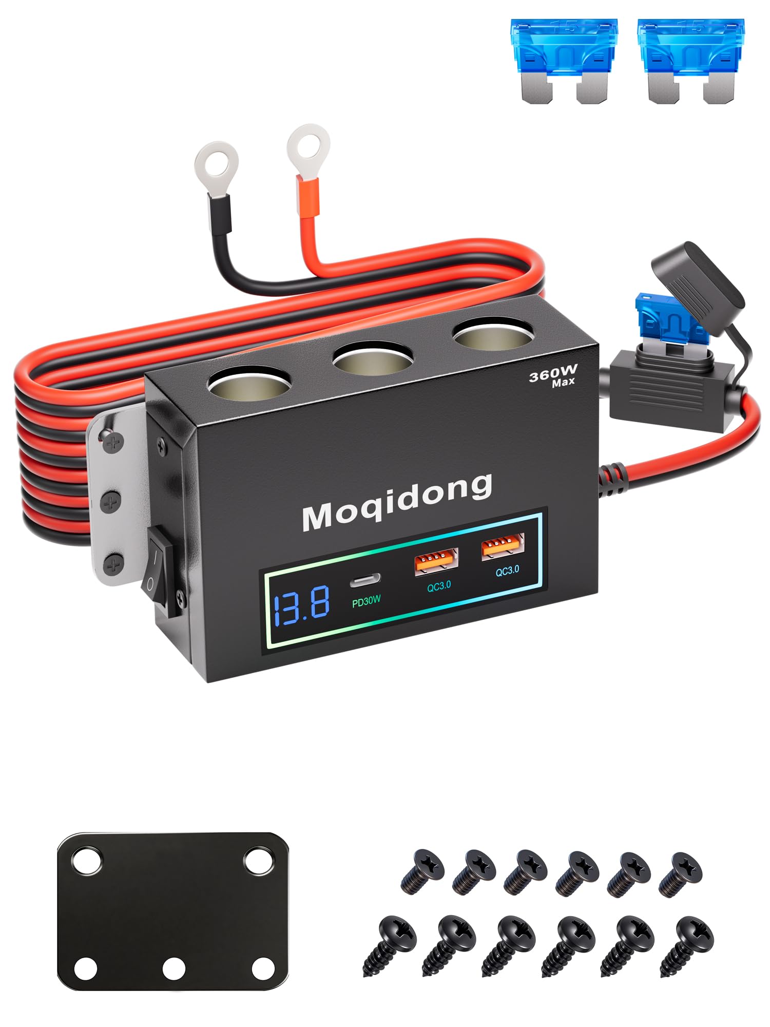 Presa Accendisigari 12V USB PD30W QC3.0 Illuminata per Auto, Camper, Barca con Voltmetro