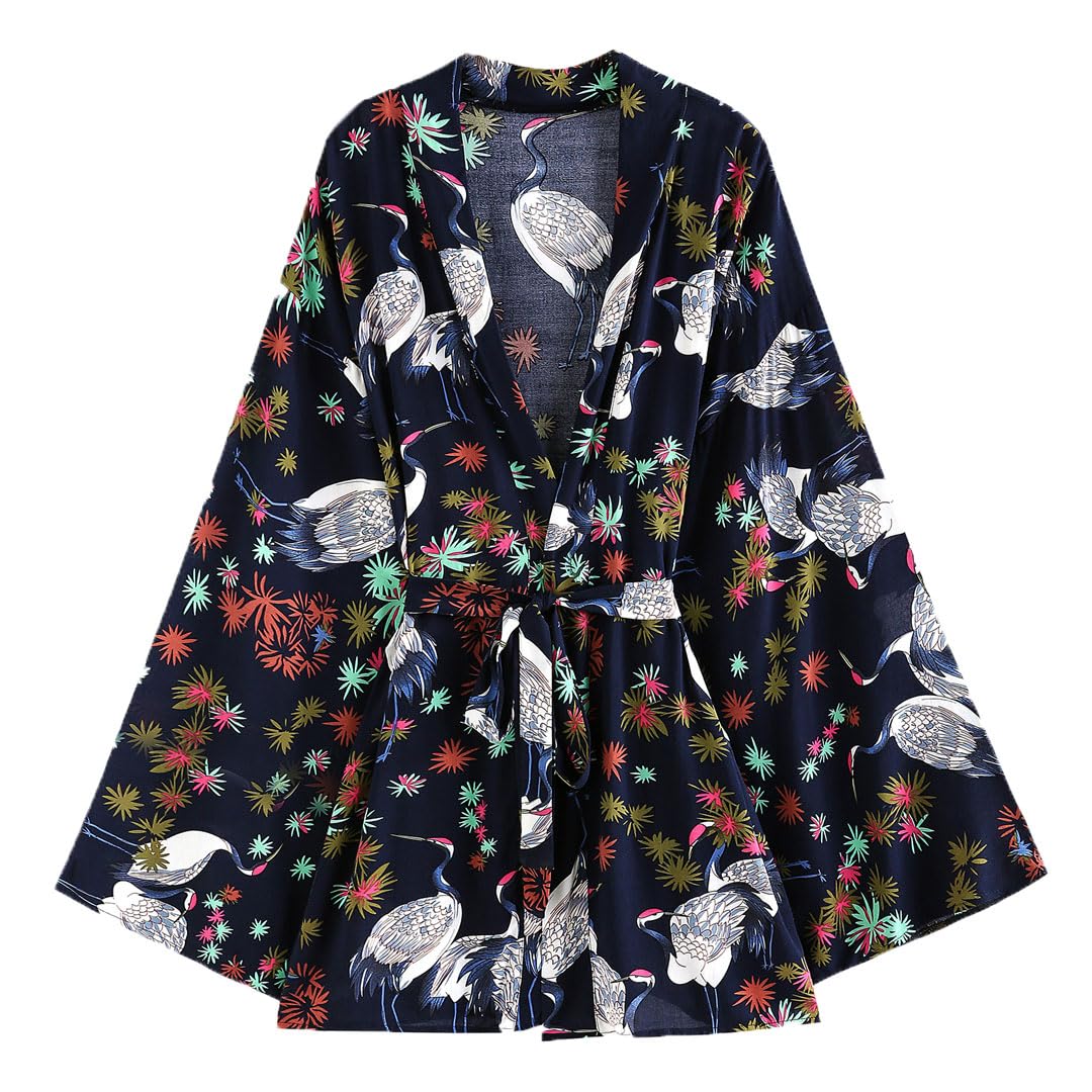 Batas vintage kimono botánico coberturas casual kimonos mujeres tops sueltos capas de playa, azul marino, L