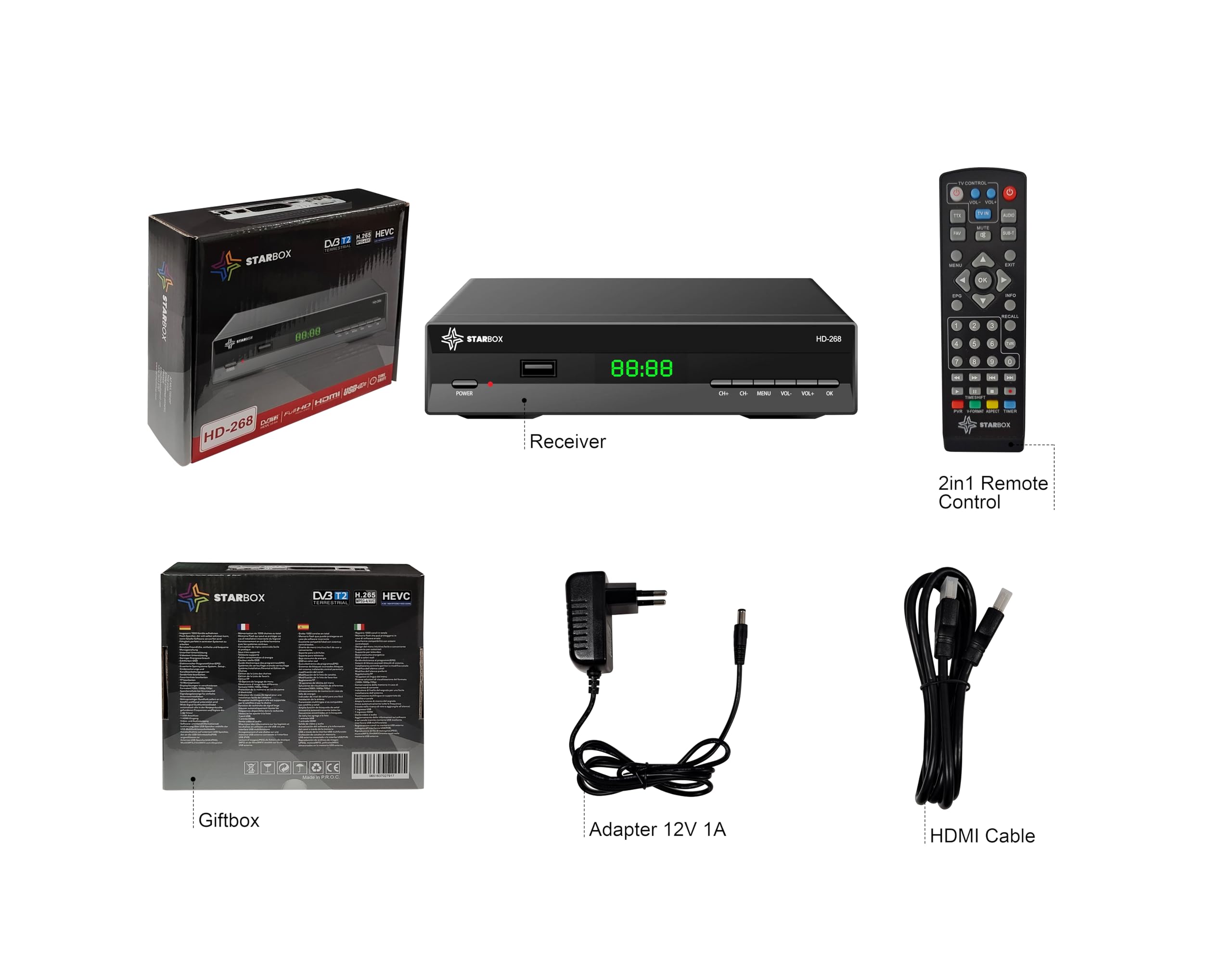 Décodeur TNT HD STAR BOX HD-268 DVB-T2 DVB-C Réception de qualité, chaînes gratuites H.265,Full HD 1080p Terrestre USB, HDMI, péritel, télécommande Universelle 2 en 1