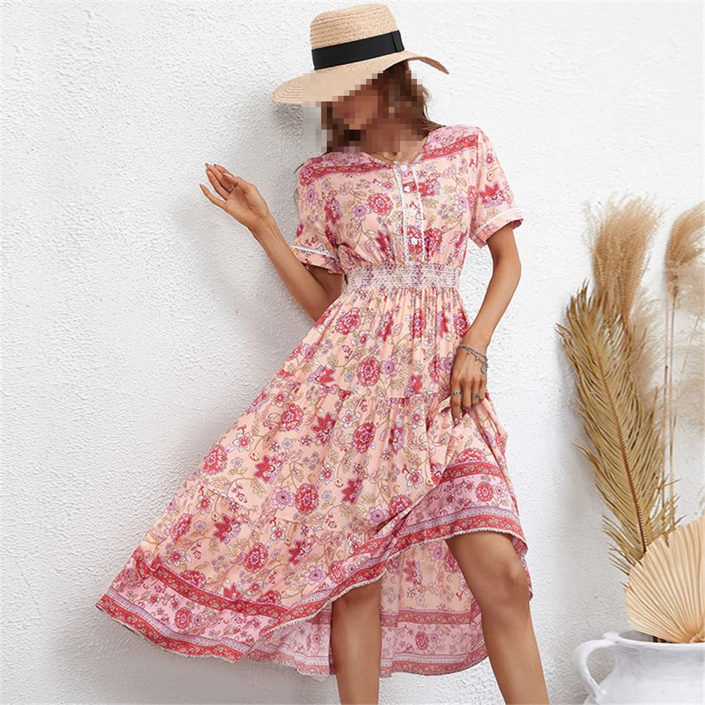 Vsadsau Vestido bohemio para mujer, estampado floral, vestido de playa para mujer, casual, manga larga, cuello en V, vestido midi acampanado