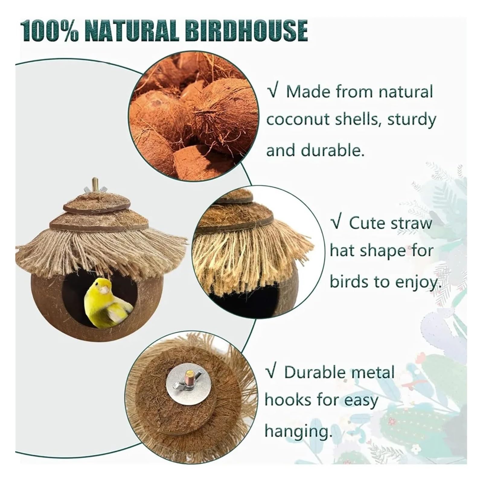 Nido de pájaro de Concha de Coco Casita Colgante de Fibra Coco for pájaros en Jaula, Nido cría for Loros, periquitos, agapornis, pinzones y Canarios pequeños(2pcs Coconut Hide)