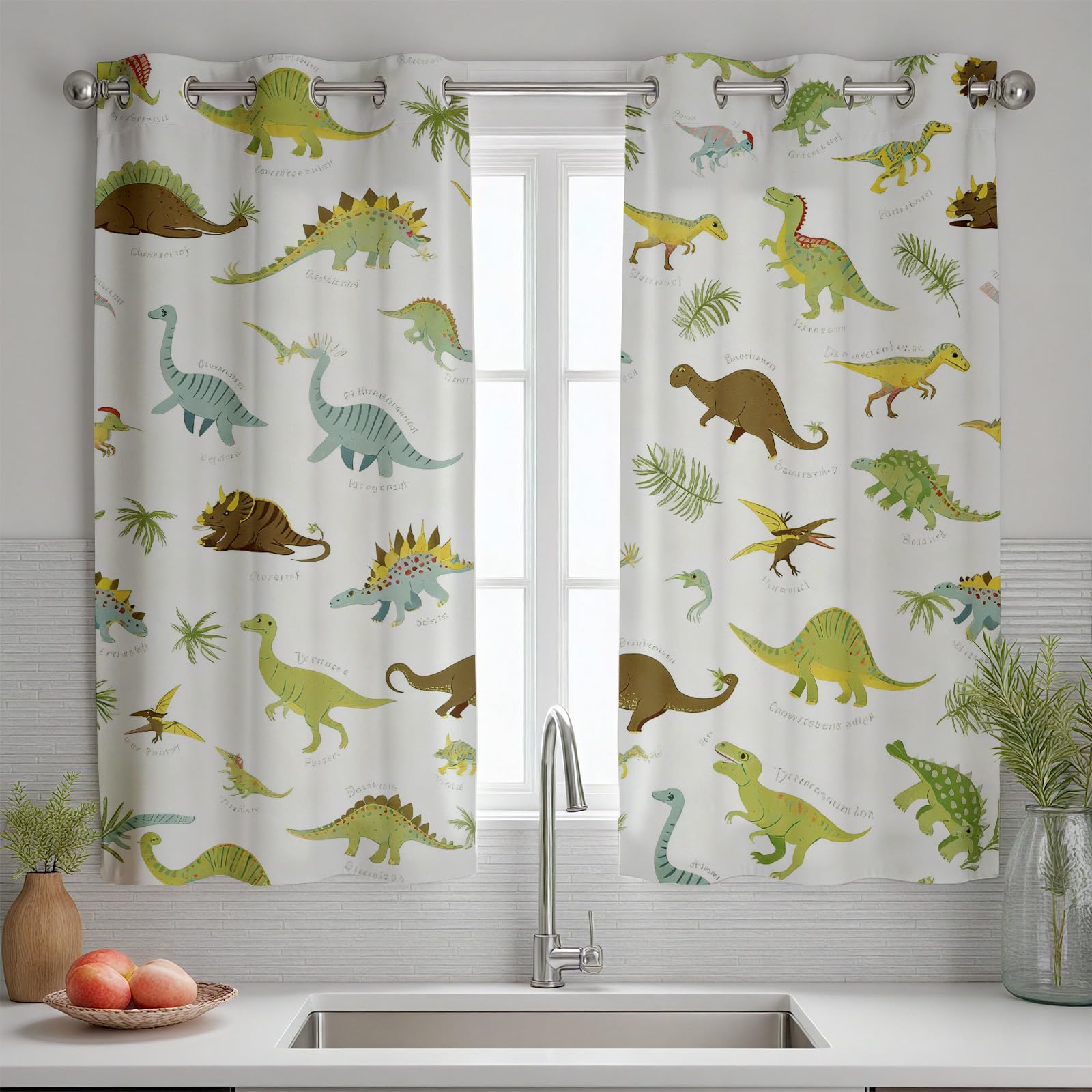 Jurassic Dino Vorhange Blickdicht 2er Set, Niedlich Dinosaurier Gardinen mit Ösen Cartoon Tiermotiv Verdunklungsvorhänge 90 cm Lang 65 Breit Thermovorhang Wohnzimmer Schlafzimmer