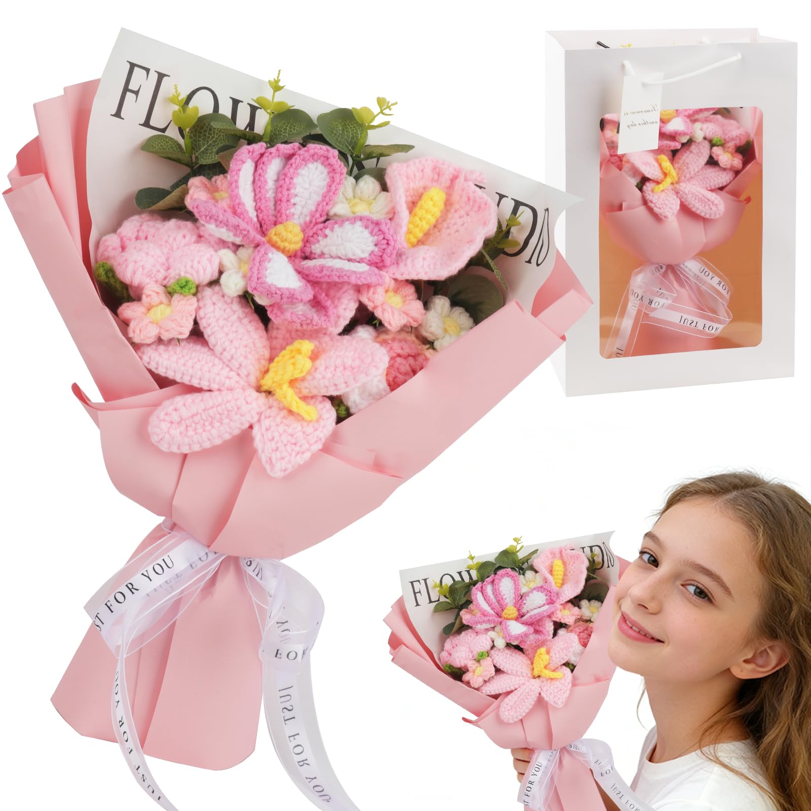 RNPKZ Crochet Flowers Bouquet, Rose Handmade Knitted Bouquet, Crochet Flower Bouquet with Gift Bag, Knitted Flower Bouquet, for Mother's Day, Valentine's Day, Graduation, Birthday,Anniversary (Pink)