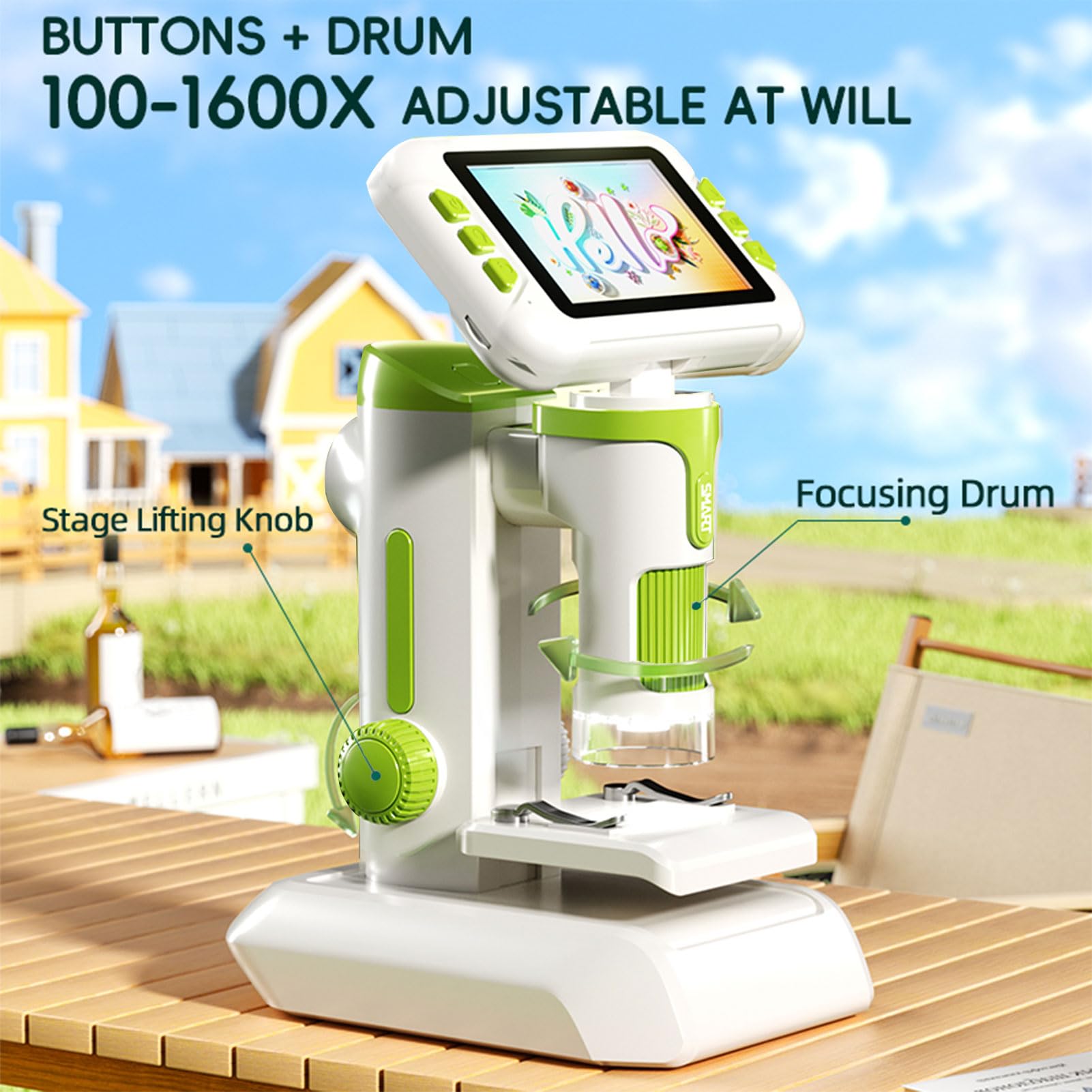 Goshyda Microscopio Portatile, Ingrandimento 100X 1600X, Schermo HD 1080P da 4 Pollici, Microscopio per Bambini Dai 5 Ai 18 Anni, con 6 Luci LED Regolabili, Cavo USB, Vetrini
