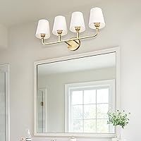 Vista 7 de Bathroom Light Fixtures, 4 Light Brushed Gold Vanity Lights with Flared White Fabric Shade, 28 Inch Wall Sconce, Modern Sconces Wall Lighting for