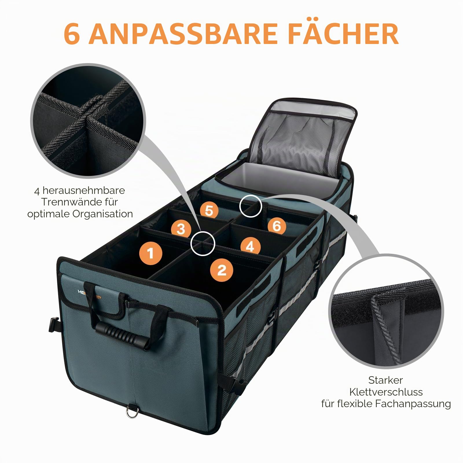 HEYTRIP Großer Kofferraum-Organizer mit eingebauter, auslaufsicherer Kühltasche, 2 Spanngurte, 4 abnehmbare Trennwände, faltbare Abdeckung, gebaut mit 2 mm PE-Platte, Grau